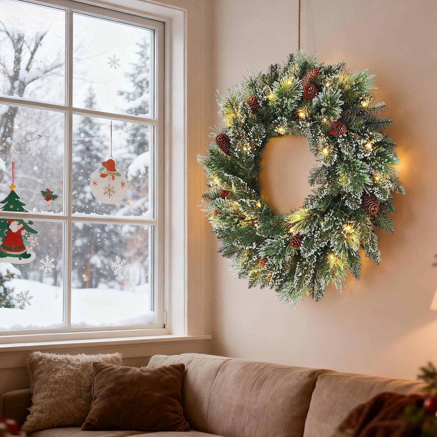 Alt View 5. Jojoka - 24-in Green Christmas Wreath Pre-Lit Artificial for Indoor Outdoor Holiday Decorations - Green.