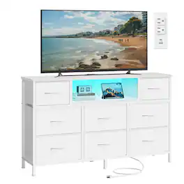 Songmics Home - Dresser for Bedroom with Outlets and LED Lights, TV Stand for TVs Up to 55 Inches, Chest of Drawers, 8 Drawers, Steel - Cloud White