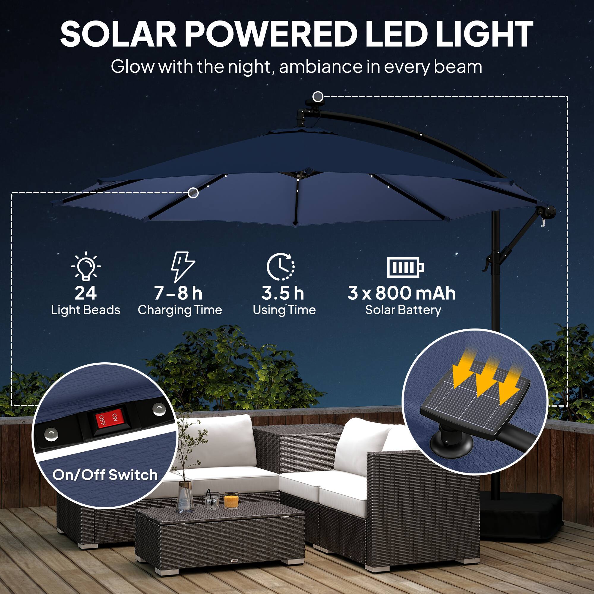 SOLAR POWERED LED LIGHT  
Glow with the night, ambiance in every beam  

- 24 Light Beads  
- 7-8h Charging Time  
- 3.5h Using Time  
- 3 x 800 mAh Solar Battery  
- On/Off Switch