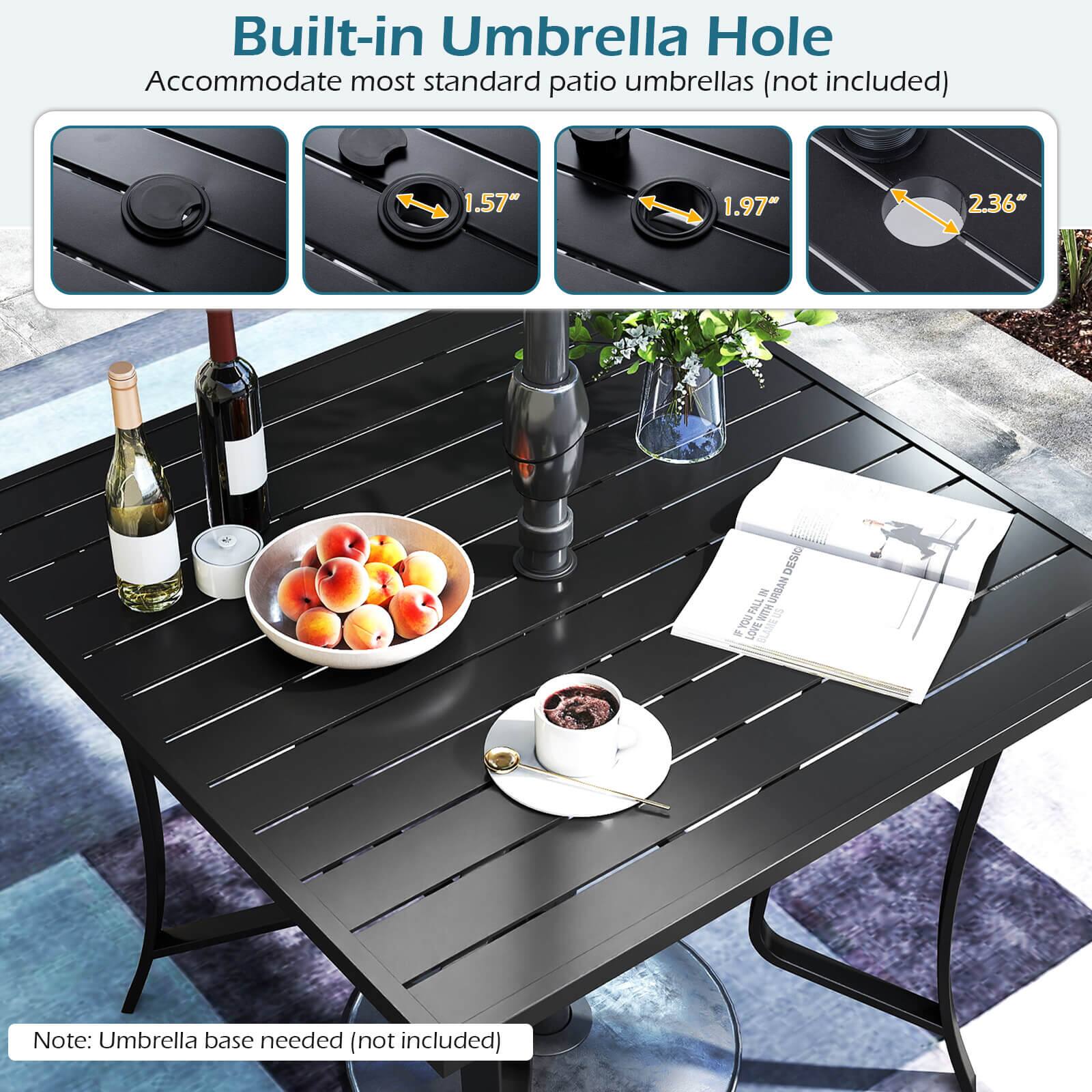 Built-in Umbrella Hole  
Accommodate most standard patio umbrellas (not included)  

1.57"  
1.97"  
2.36"  

Note: Umbrella base needed (not included)