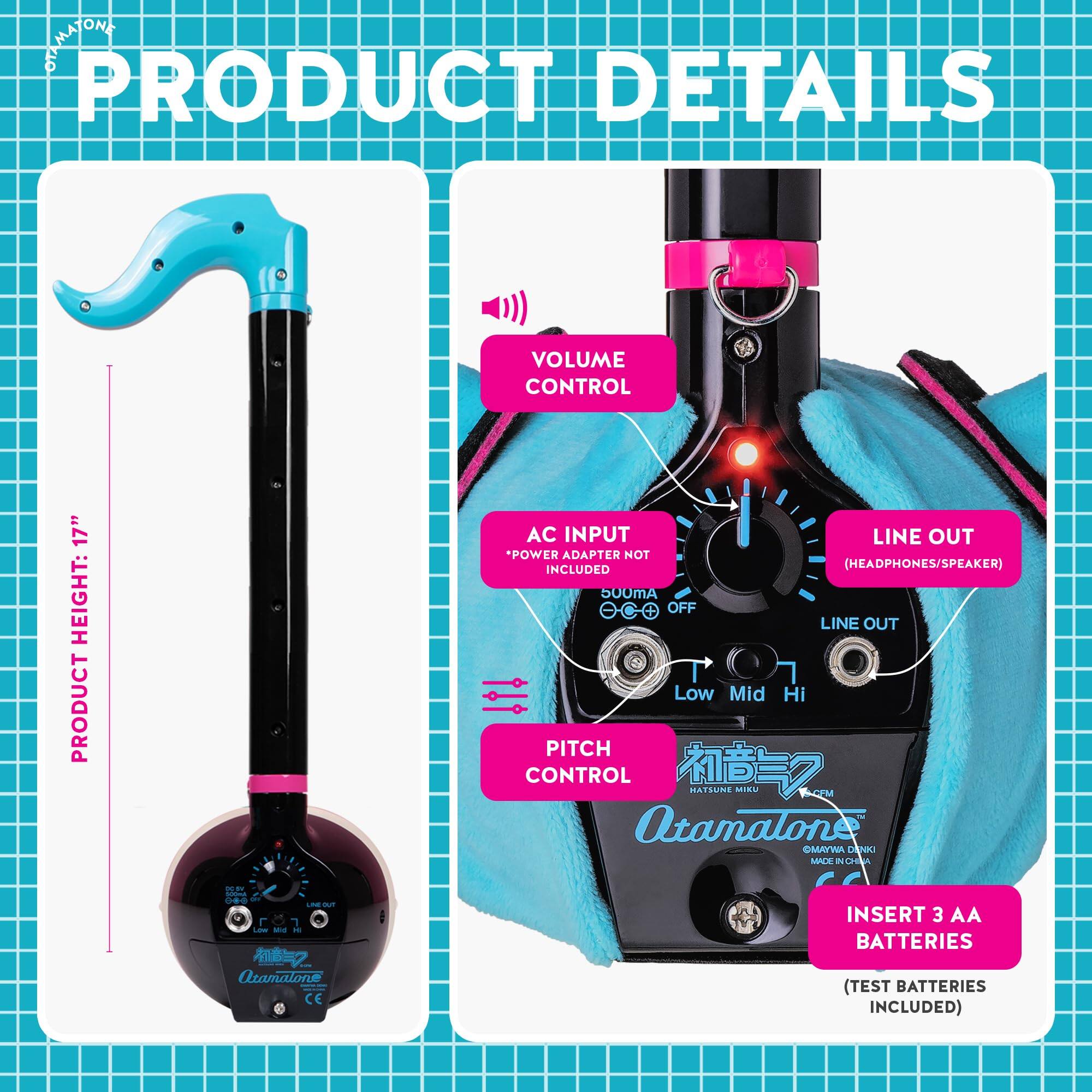 **PRODUCT DETAILS**

- **VOLUME CONTROL**
- **AC INPUT** (POWER ADAPTER NOT INCLUDED)
- **LINE OUT** (HEADPHONES/SPEAKER)
- **PITCH CONTROL**
- **PRODUCT HEIGHT:** 17"
- **INSERT 3 AA BATTERIES** (TEST BATTERIES INCLUDED)