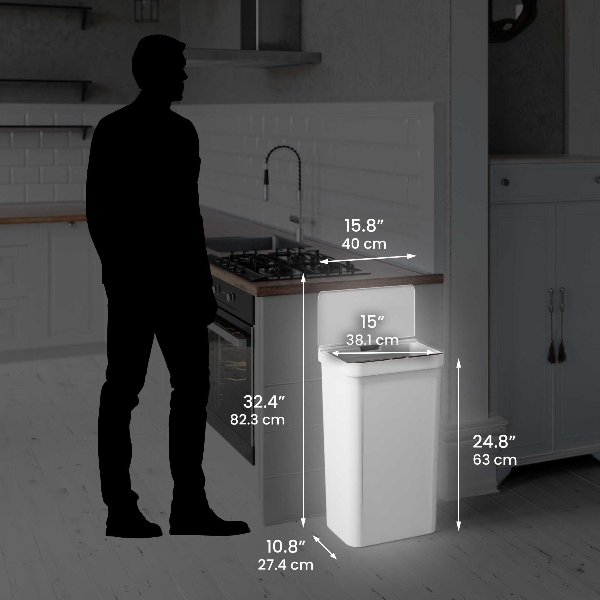 15.8" 40 cm  
15" 38.1 cm  
32.4" 82.3 cm  
24.8" 63 cm  
10.8" 27.4 cm