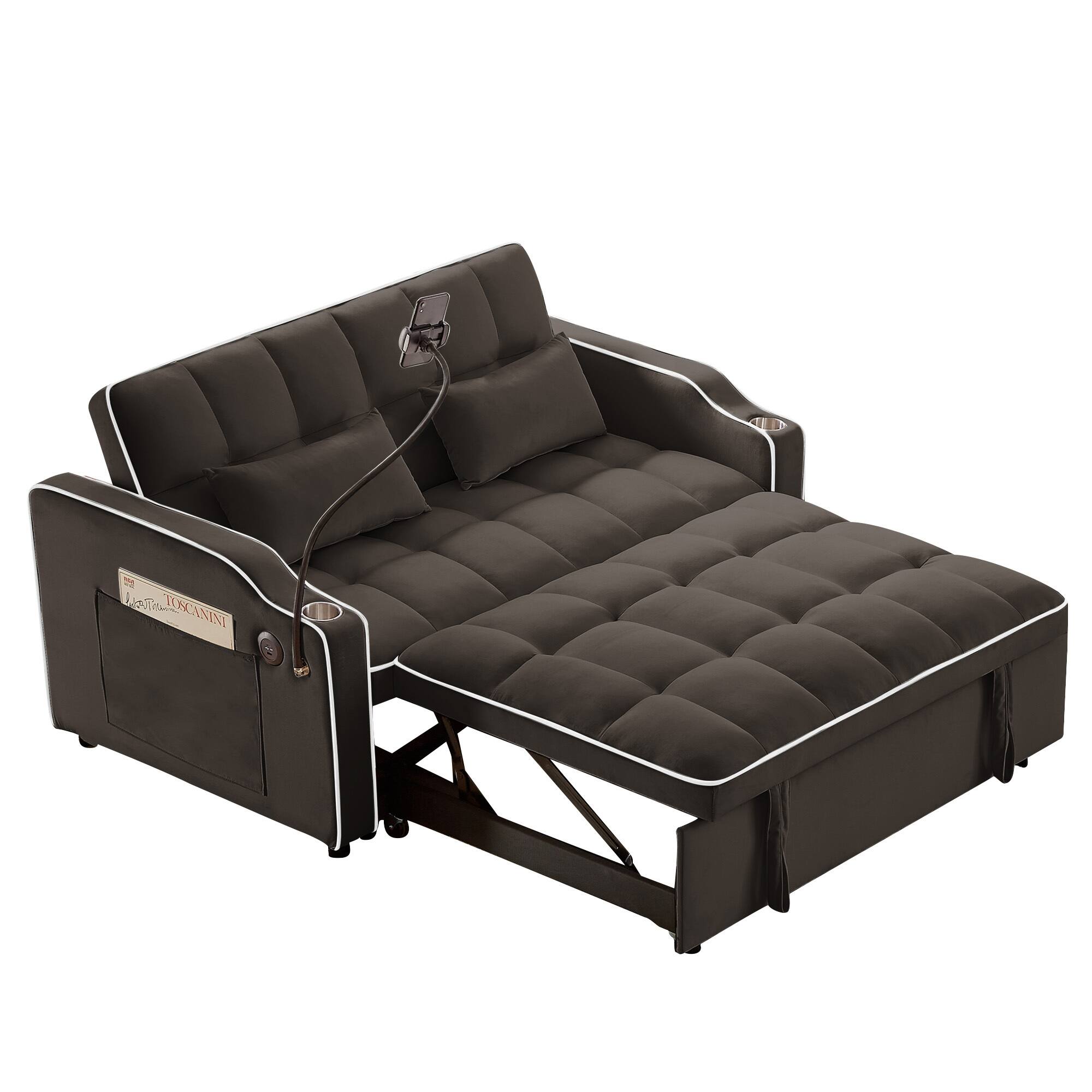Back. Trinkets Crazed - Sleeper Sofa Couch Bed with Phone Holder, 3-in-1 Convertible Velvet Pull Out Loveseat Futon Sofa with USB & Cup Holder - Brown.