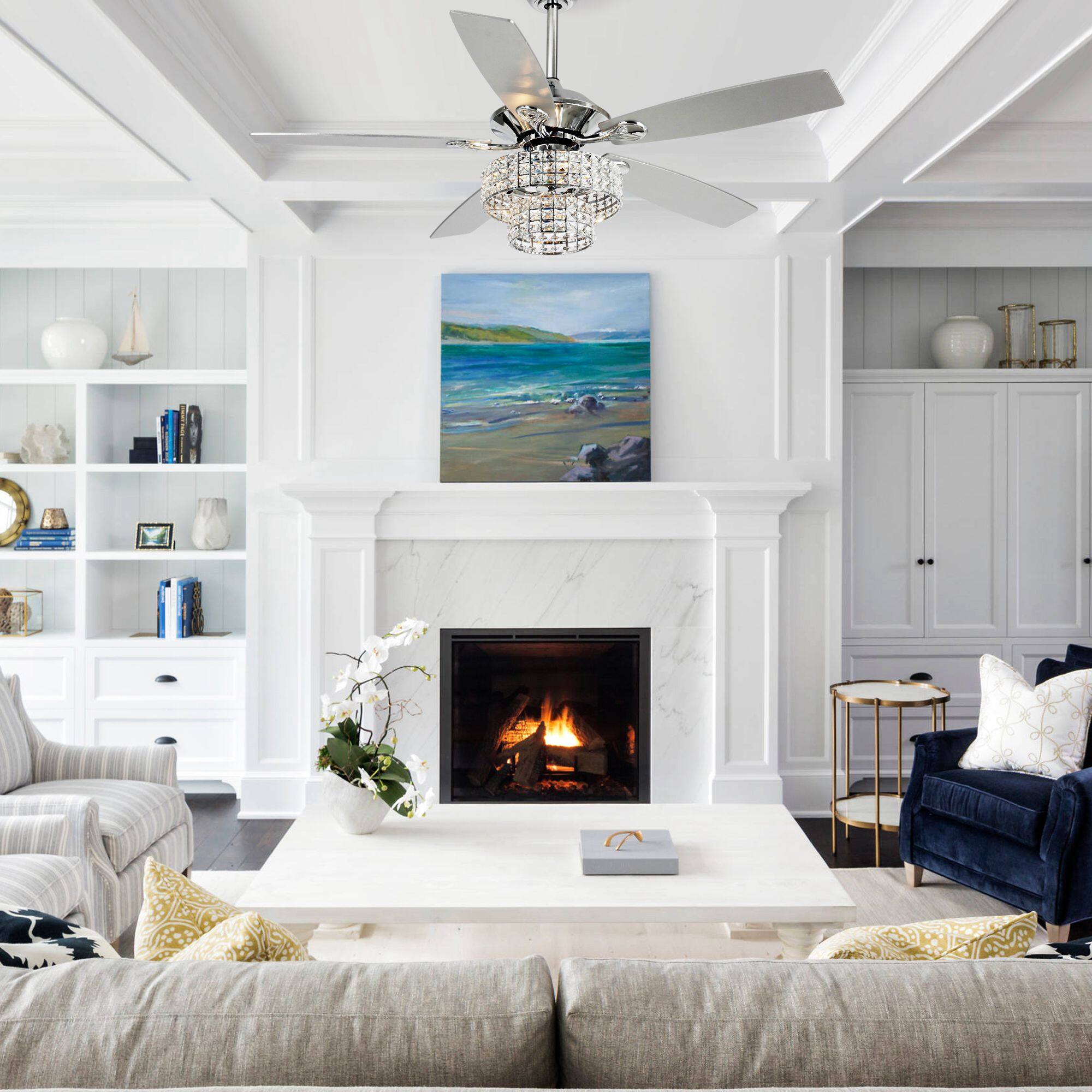 Angle. Parrot Uncle - 52" Chrome Crystal Chandelier Ceiling Fan with Light and Remote Control - Chrome.