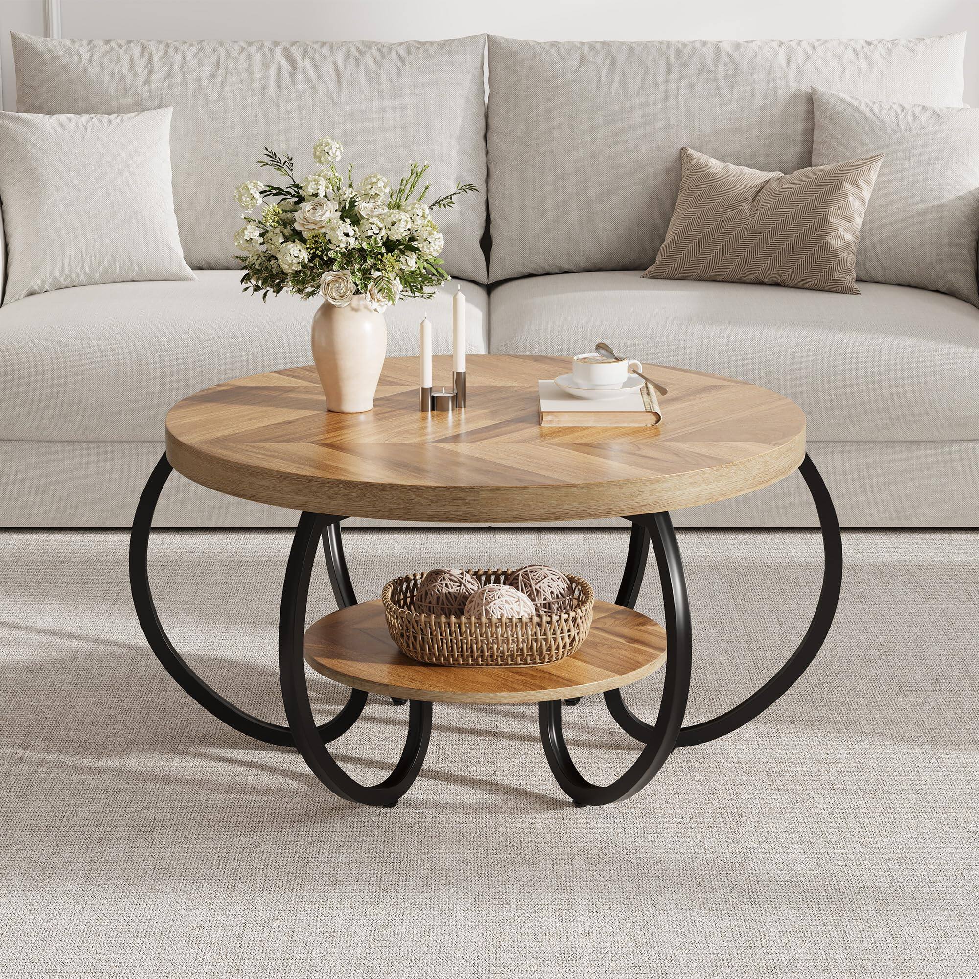 Alt View 2. Jojoka - 30 Inch Round Coffee Table with Storage Shelf, 2 Tier Wood Center Table with Curved Metal Legs - Natural.