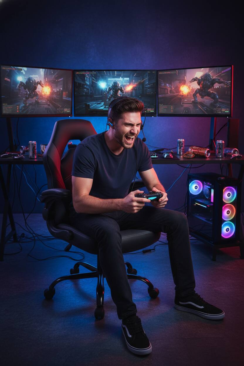 The text on the image is not clearly visible, but it appears to be related to a gaming setup. Here is a possible grouping and correction based on the visible elements:

- **RTEI** (This could be part of a logo or text on the screen, but it's not clear enough to determine its meaning.)
- **...** (This is likely a placeholder for text that is not fully visible or is obscured.)
- **(Text on the screen)** (This would include any game-related text, such as player names, scores, or in-game messages, but it's not legible enough to transcribe accurately.)

If you have specific text you want corrected or grouped, please provide more details or a clearer image of the text.