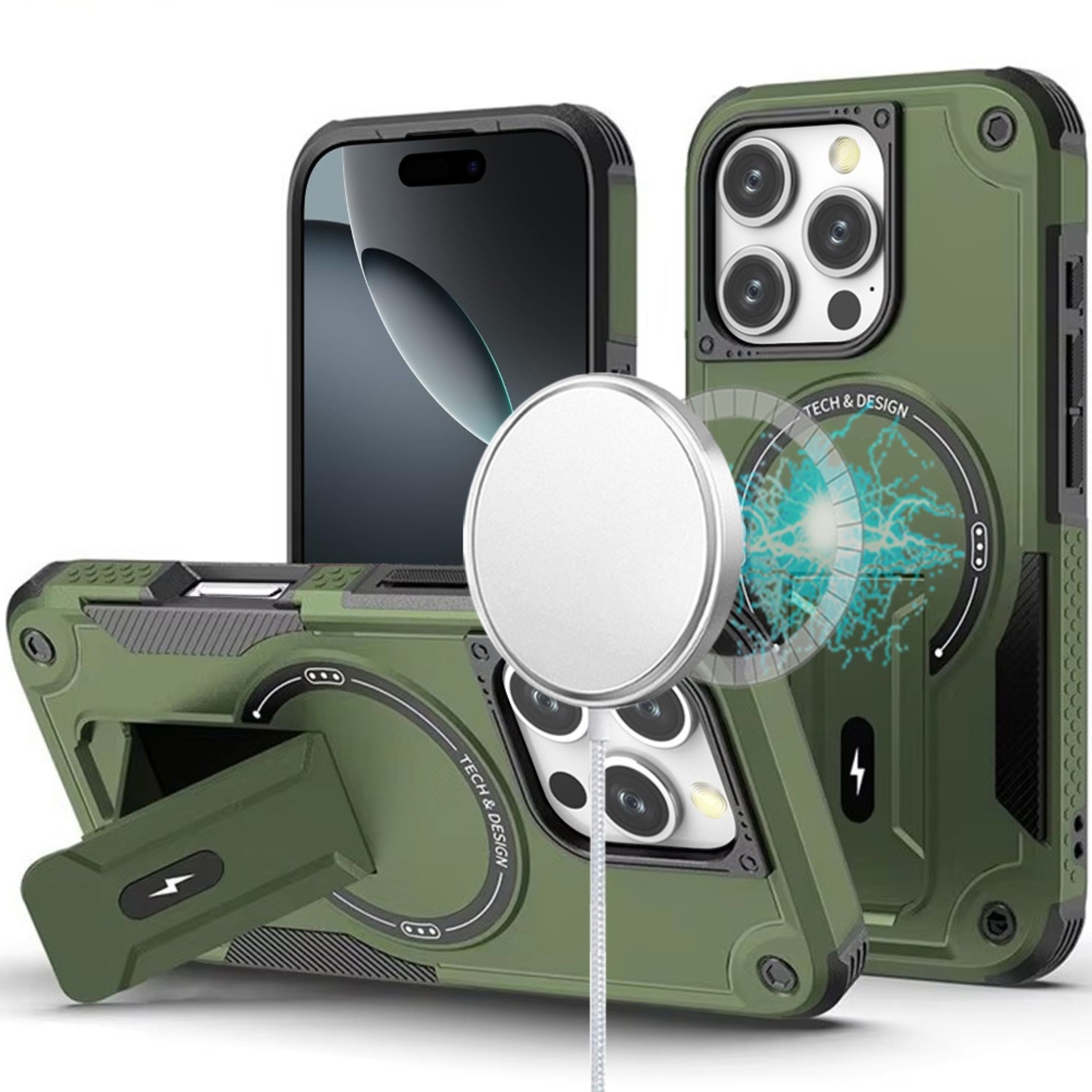 Kitcheniva - Rugged Magnetic Circle Grip Kickstand Phone Case With Tempered Glass For iPhone 16 Pro - Midnight Green price history on PriceWatchPro