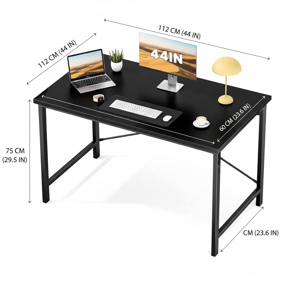 Sure, here is the corrected and grouped text from the image:

- **Length:** 112 CM (44 IN)
- **Width:** 60 CM (23.6 IN)
- **Height:** 75 CM (29.5 IN)
- **Depth:** 44 IN
- **Leg Width:** 23.6 IN