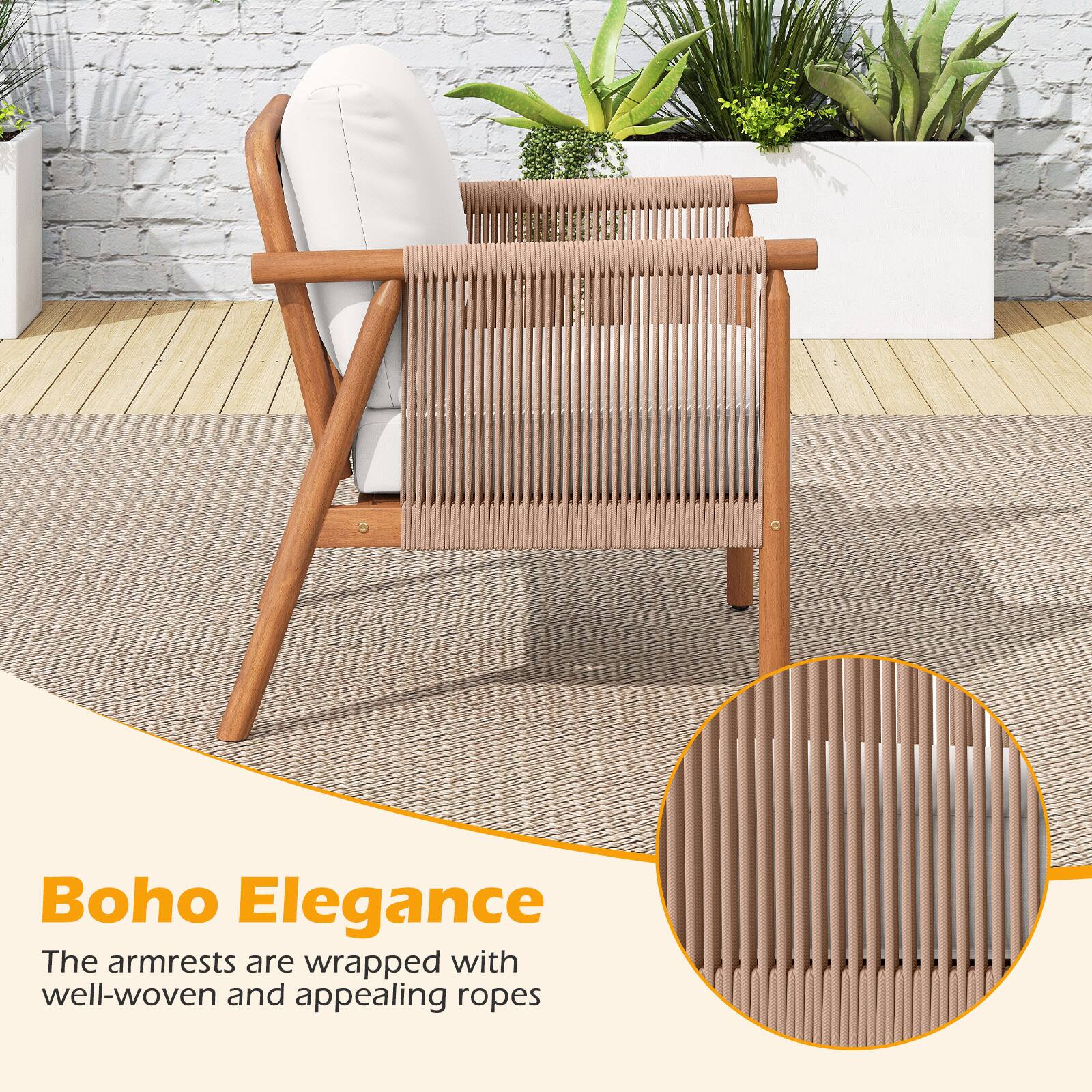 Boho Elegance  
The armrests are wrapped with well-woven and appealing ropes