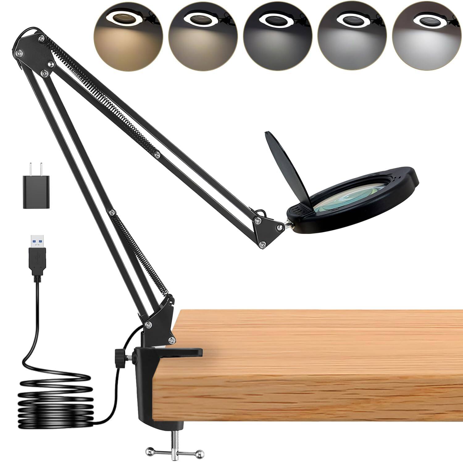 TECH SAFARI - Magnifying Glass Desk Lamp With Clamp Real Lens Leds Color Modes Dimmable Led Magnifier Dust Cover Usb Clean - Default