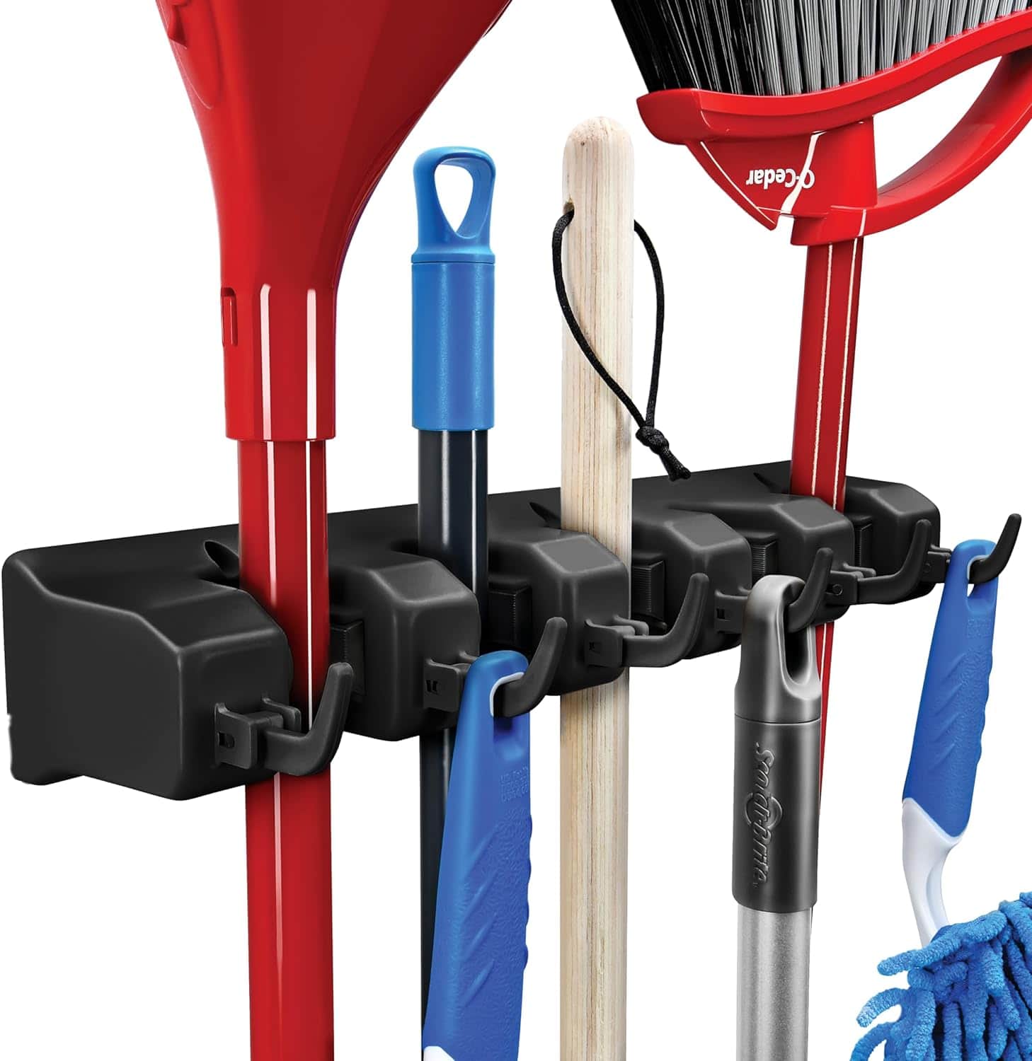 Home It - Broom and Mop Holder Wall Mount Garage Organizer Rack with 5 Slots 6 Hooks Tool Storage System for Garden & Home - Black