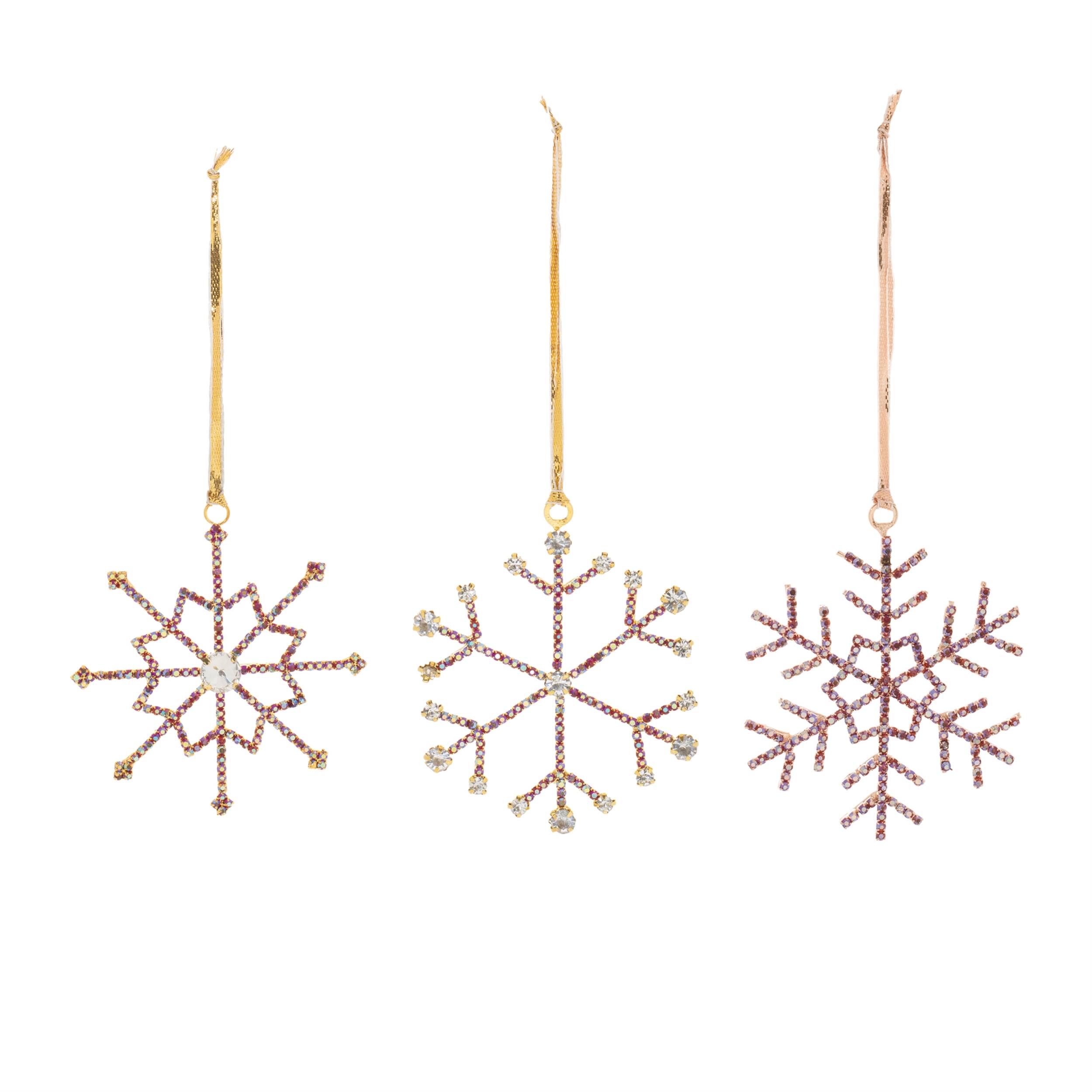 Angle. BreeBe - Jeweled Metal Snowflake Ornament (Set of 12) - Red, Gold.