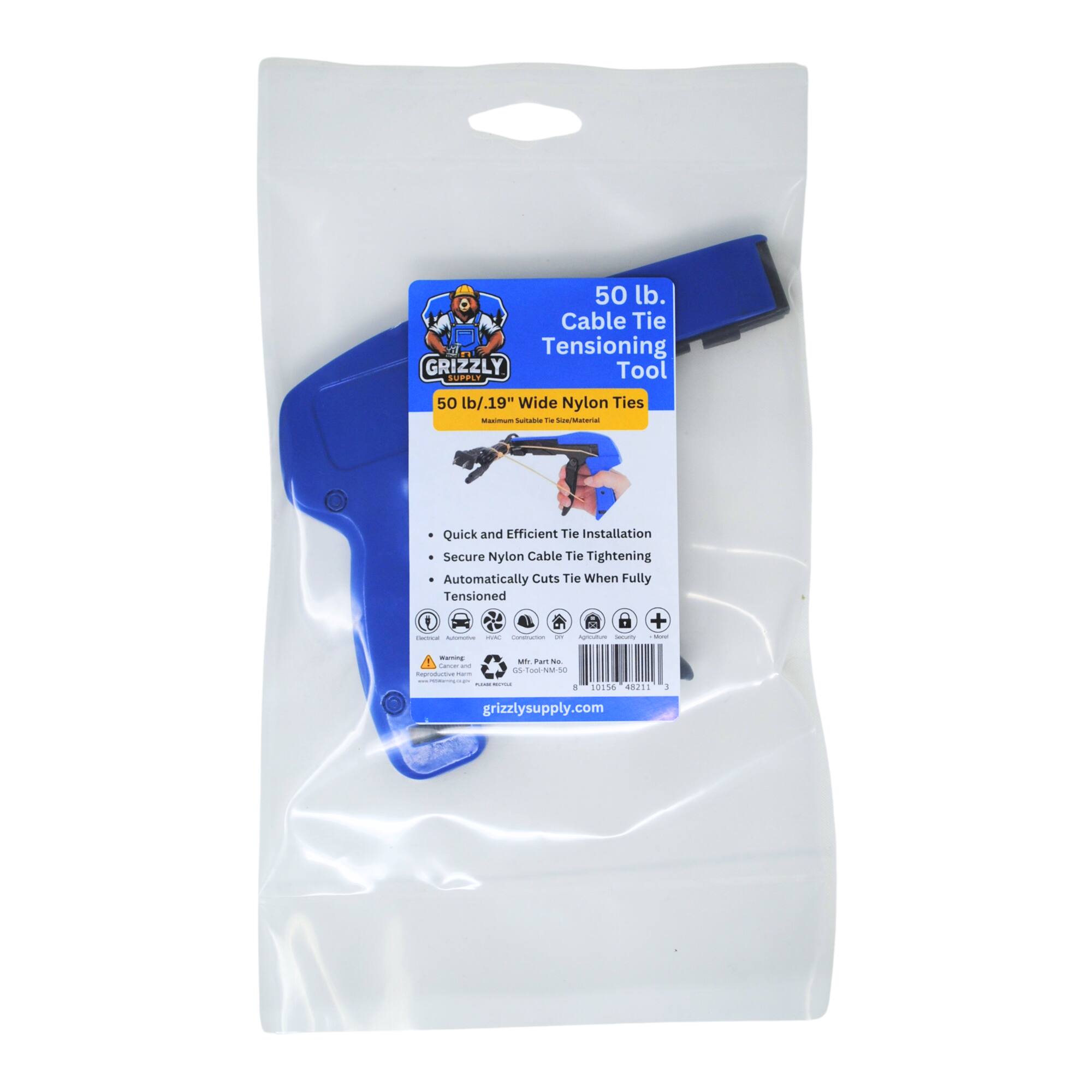 50 lb. Cable Tie Tensioning GRIZZLY Tool SUPPLY 50 lb./19" Wide Nylon Ties - Quick and Efficient Tie Installation Secure Nylon Cable Tie Tightening Automatically Cuts Tie When Fully Tensioned - Mfr. Part No. 10150 48213 - 1 1183020 V d - N - 8 10054 FeeA grizzlysupply.com