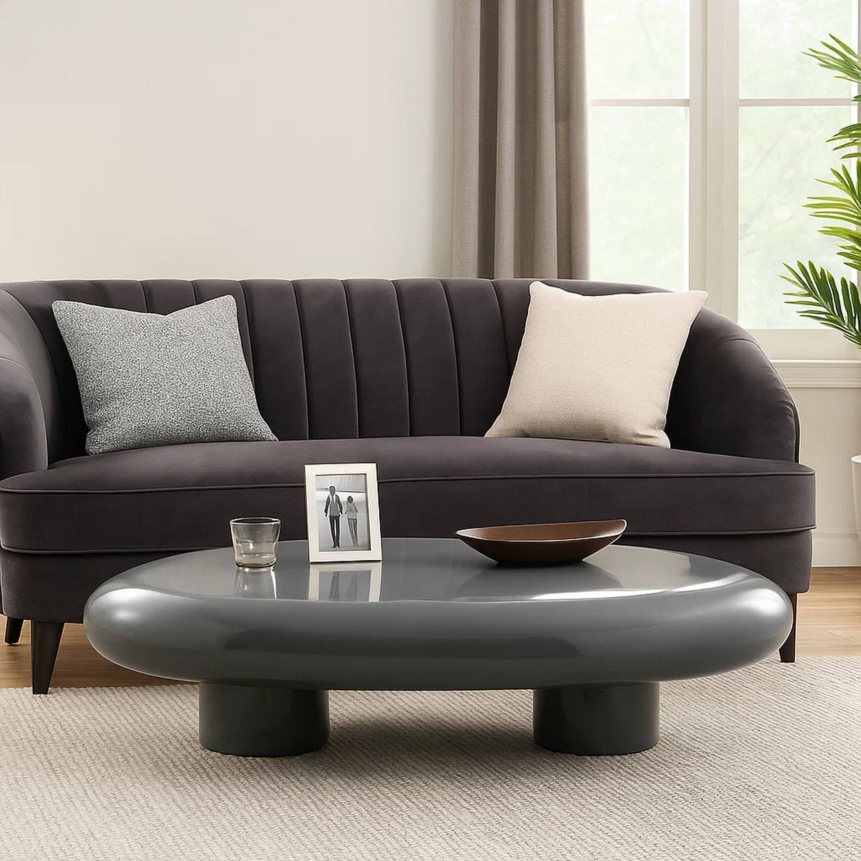Alt View 6. Manhattan Lane - Fory Coffee Table, 46 Inch Oval Top with Low Metal Base, High Gloss Gray - High Gloss Gray.