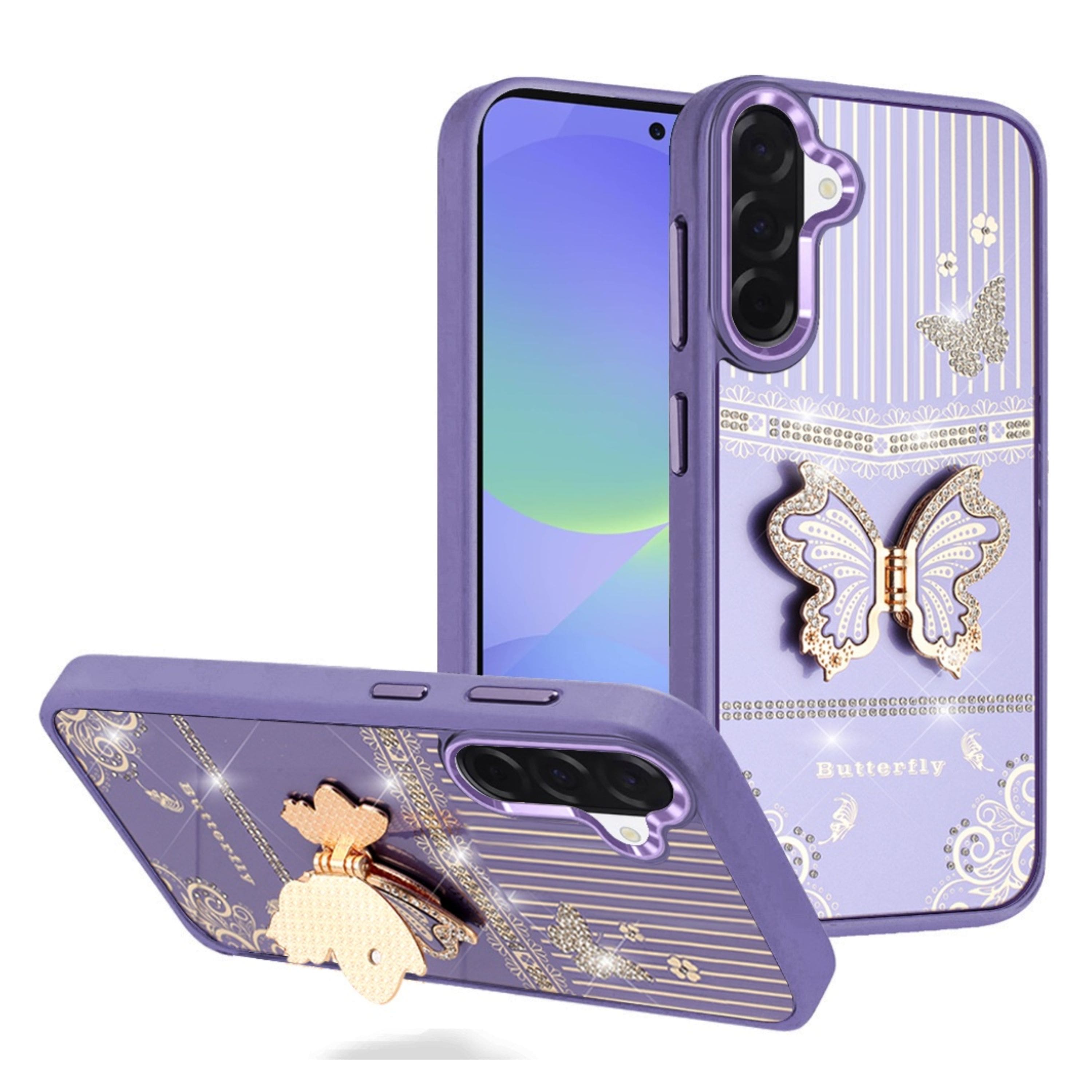 Kitcheniva - 3D Butterfly Bling Charm Stand Phone Case With Tempered Glass For Samsung Galaxy A37 5G - Dark Purple price history on PriceWatchPro