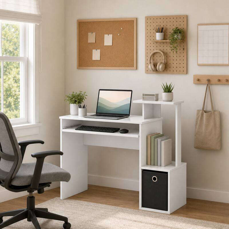 Angle. WELLFOR - 39.5" Computer Desk with Pull-out Keyboard Tray, Home Office Desk with Open Shelf for Apartments,Small offices - White.
