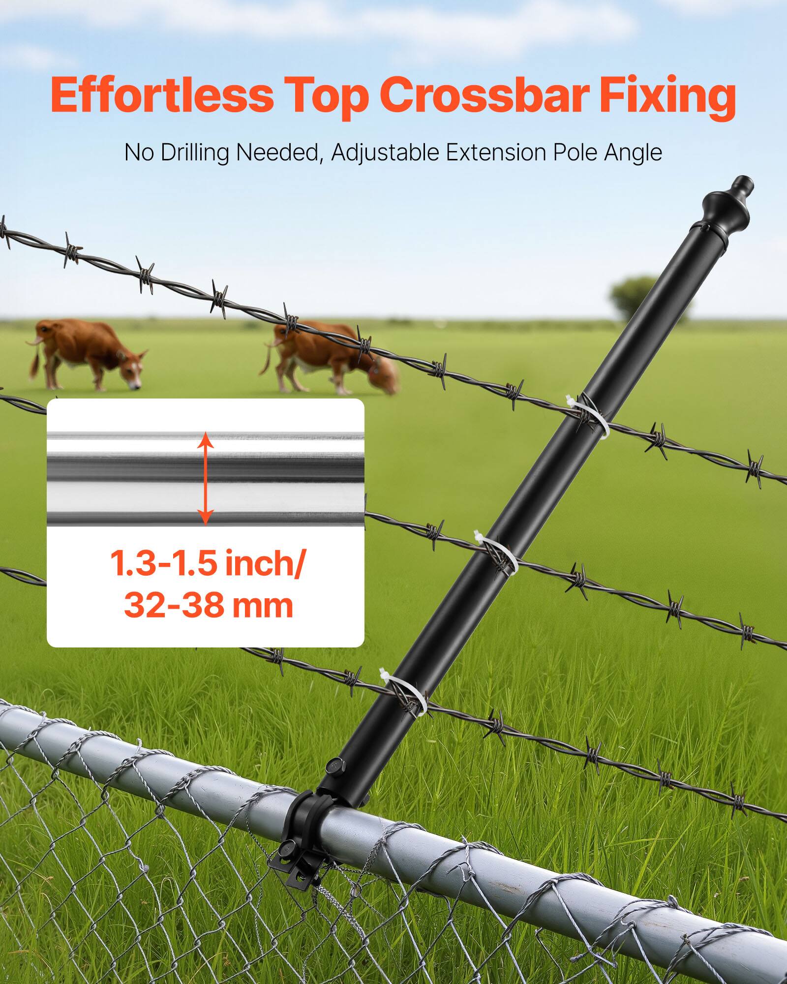 Effortless Top Crossbar Fixing  
No Drilling Needed, Adjustable Extension Pole Angle  

1.3-1.5 inch / 32-38 mm