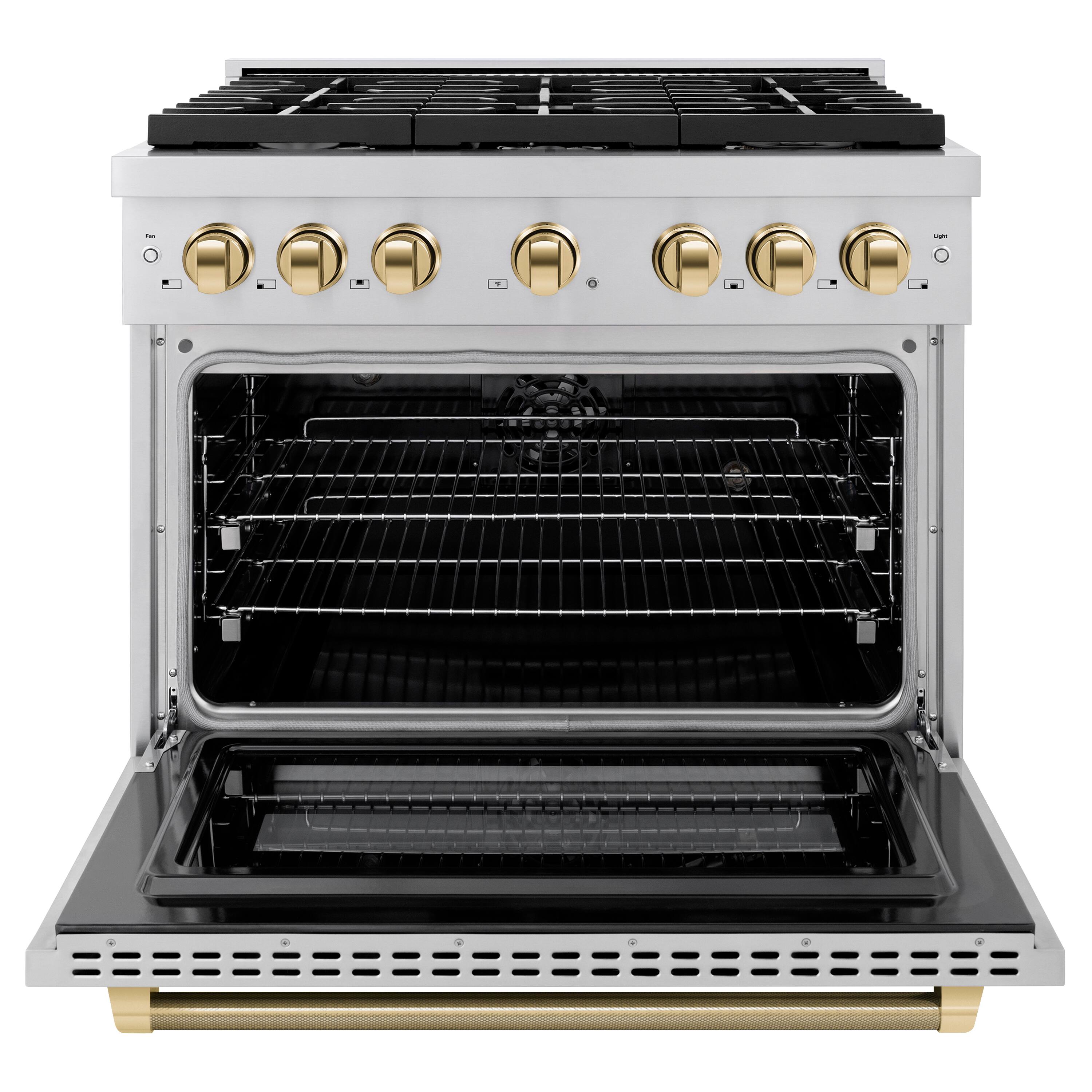 Angle. ZLINE - ZLINE Autograph 36 in. 5.2 cu. ft. Freestanding Paramount Dual Fuel Range in Stainless Steel with Gold Helix Handle - Stainless Steel.