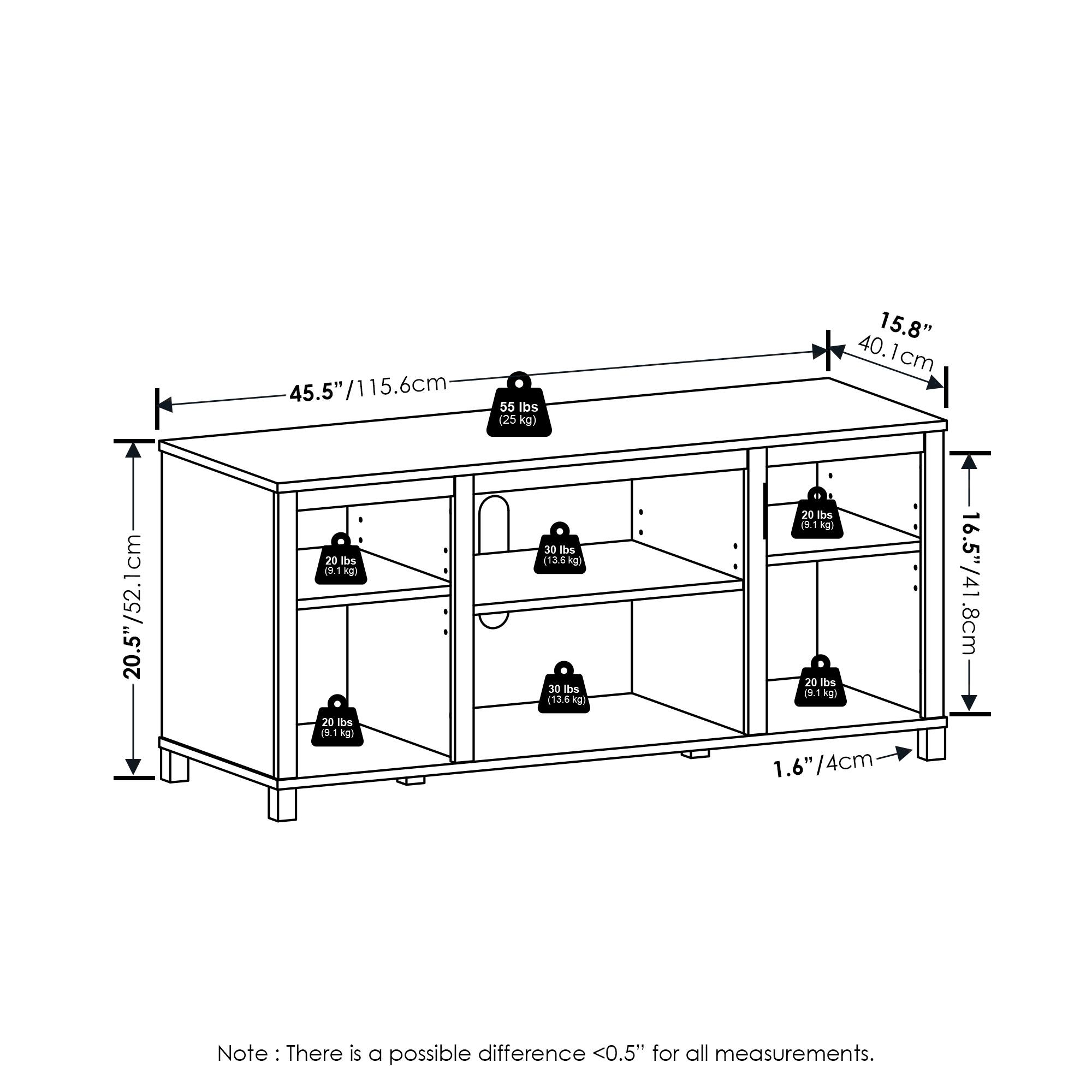 45.5" / 115.6cm  
15.8" / 40.1cm  
20.5" / 52.1cm  
1.6" / 4cm  
16.5" / 41.8cm  

55 lbs (25 kg)  
20 lbs (9.1 kg)  
30 lbs (13.6 kg)  

Note: There is a possible difference <0.5" for all measurements.