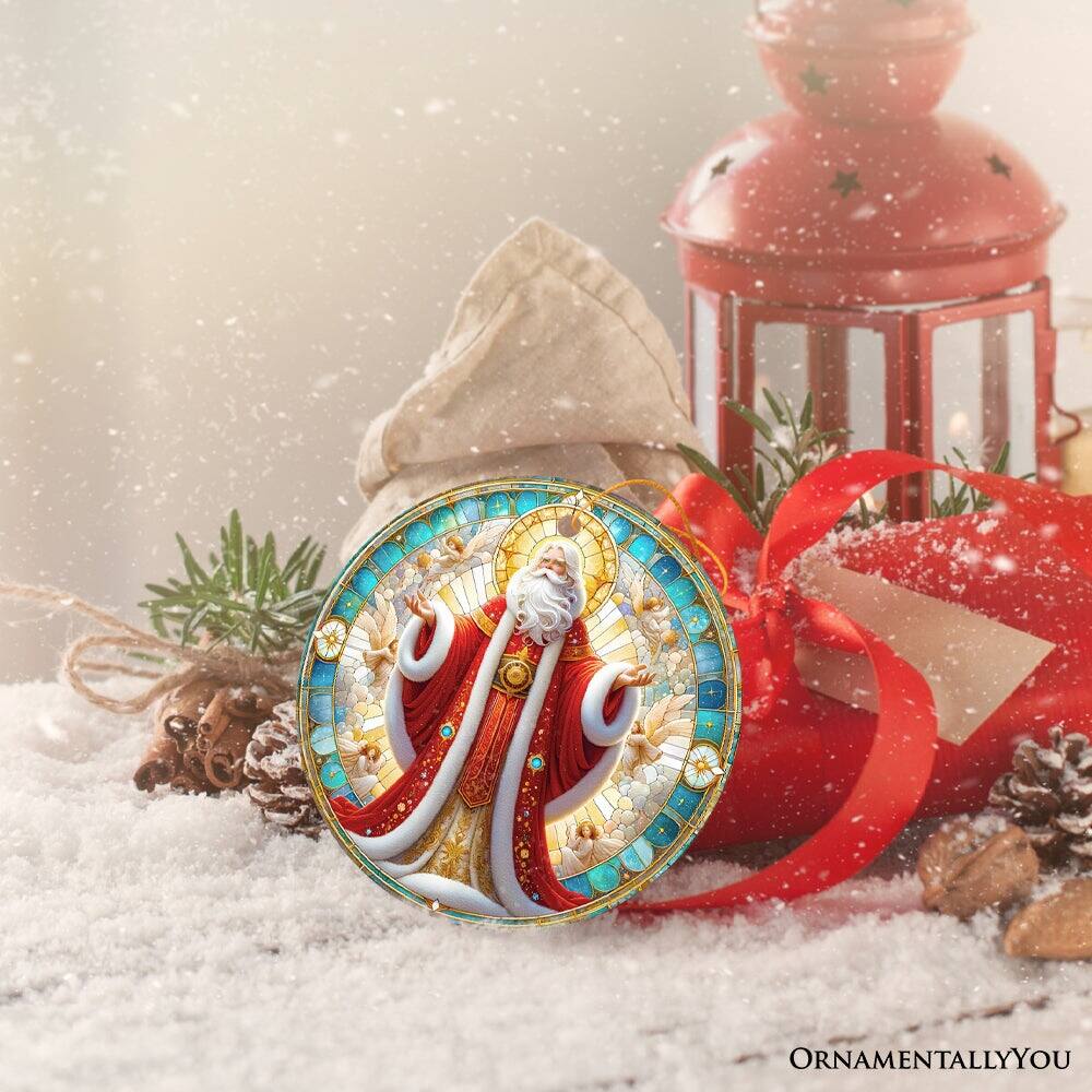 Back. OrnamentallyYou - Majestic Holy Santa Stained Glass Themed Ceramic Ornament Handcrafted Angelic Christmas Decor - Multi-colored.
