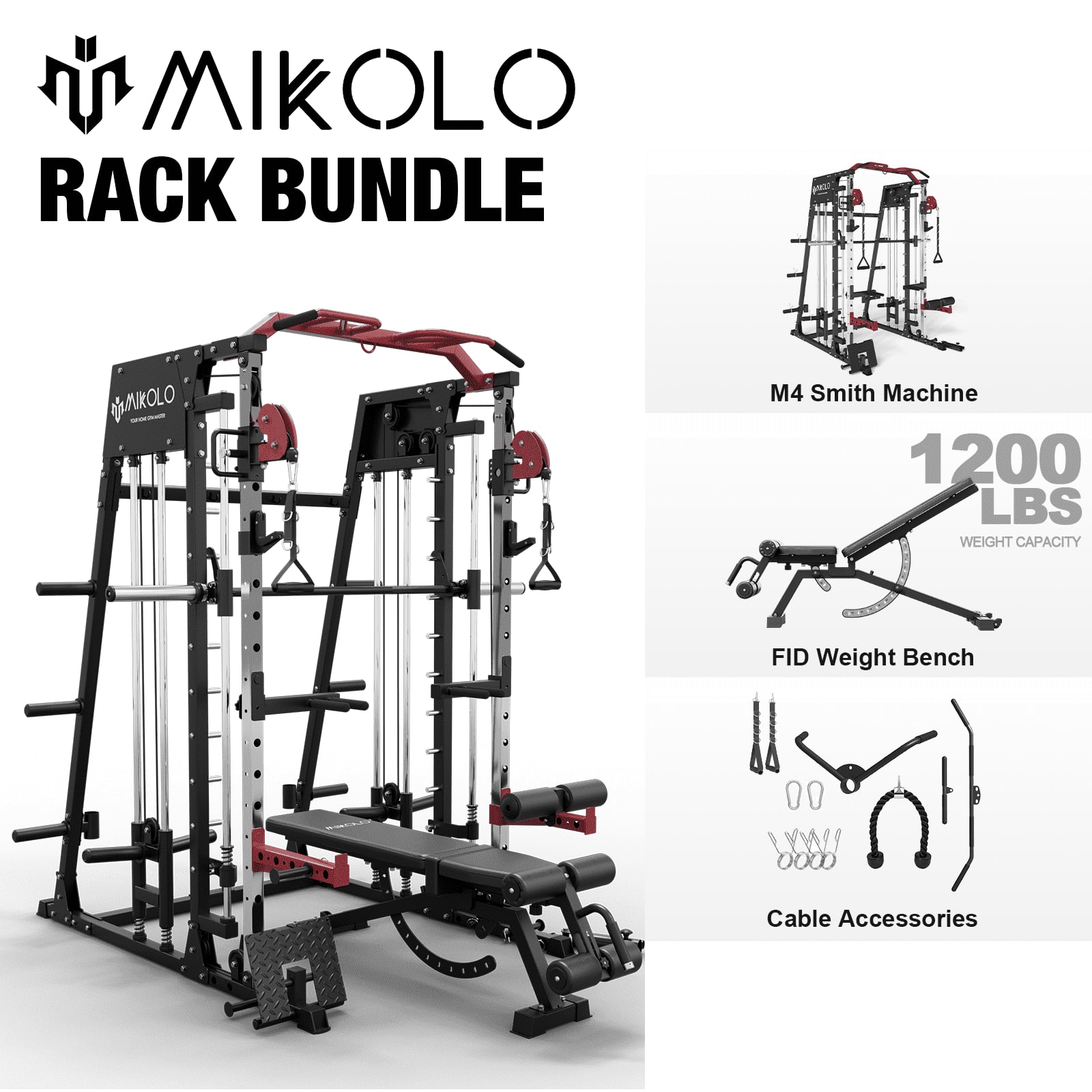 MIKOLO RACK BUNDLE M4 Smith Machine 1200 LBS WEIGHT CAPACITY FID Weight Bench Cable Accessories