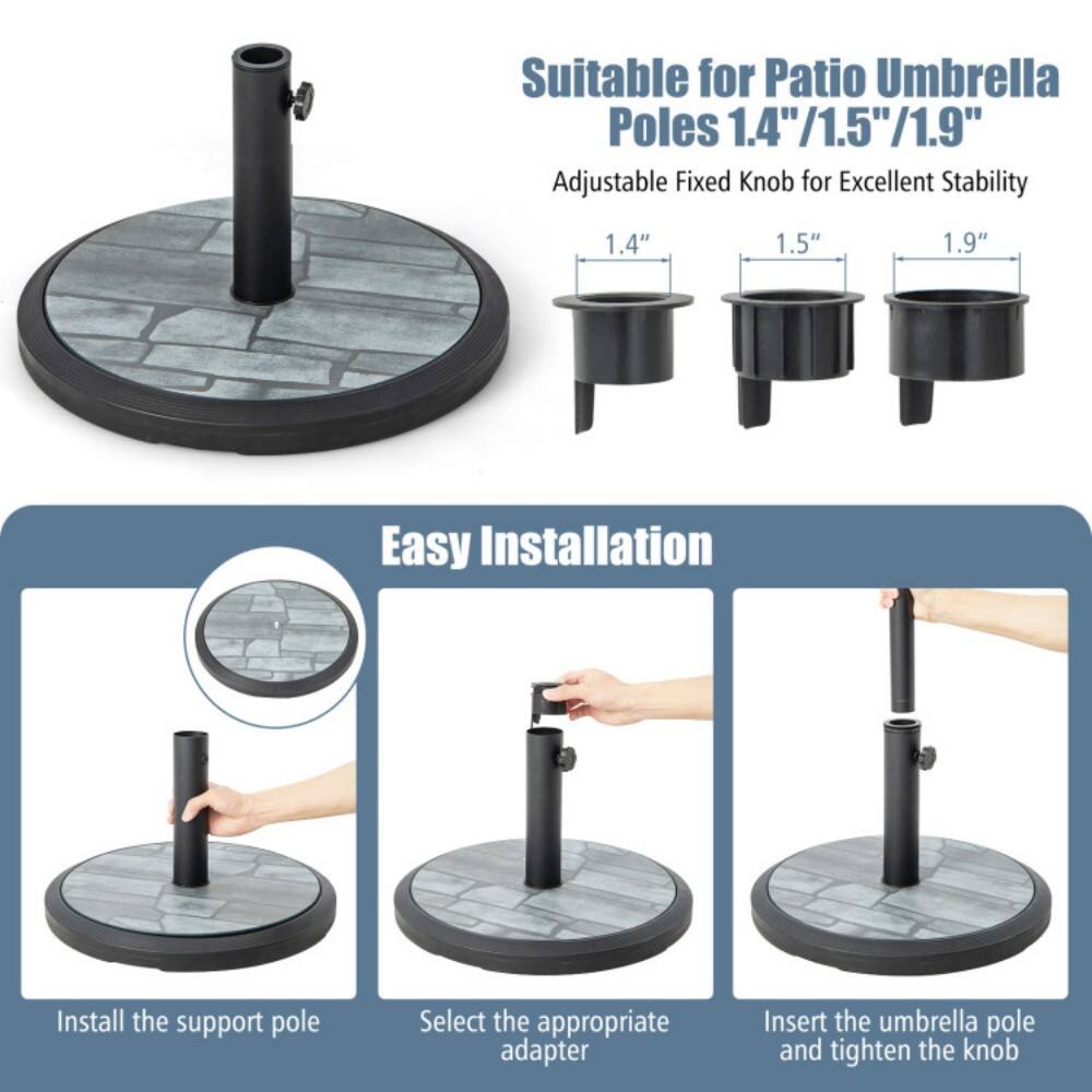 Suitable for Patio Umbrella Poles 1.4"/1.5"/1.9" Adjustable Fixed Knob for Excellent Stability

Easy Installation
1. Install the support pole
2. Select the appropriate adapter
3. Insert the umbrella pole and tighten the knob