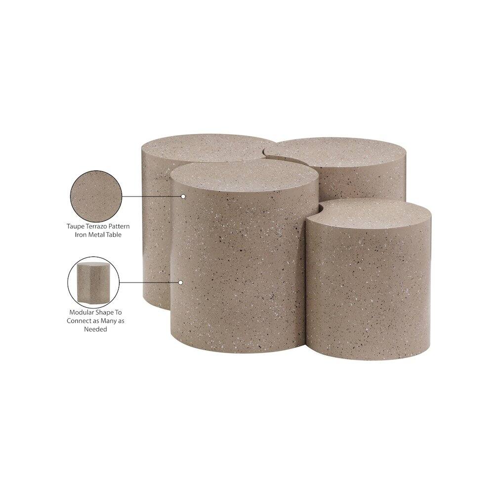 - Taupe Terrazzo Pattern
- Iron Metal Table
- Modular Shape To Connect as Many as Needed