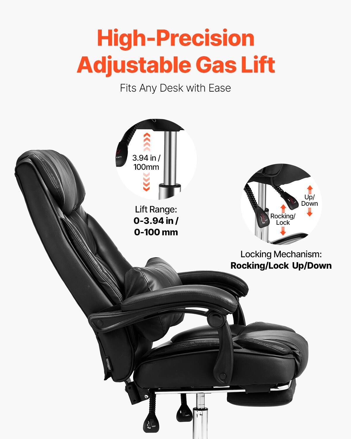 High-Precision Adjustable Gas Lift  
Fits Any Desk with Ease  

3.94 in / 100mm  

Lift Range:  
0-3.94 in / 0-100 mm  

Locking Mechanism:  
Rocking/Lock Up/Down