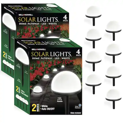 BELL HOWELL SOLAR LIGHTS DOME PATHWAY LED WHITE 4 PACK 2 MODES White Auto ON/OFF 4 Inch Diameter Water Resistant Stake Included