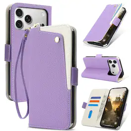 Dteck - Wallet Case for Apple iPhone 17 Pro Max,Slim PU Leather Flip Cover with Kickstand & Wrist Strap - Purple