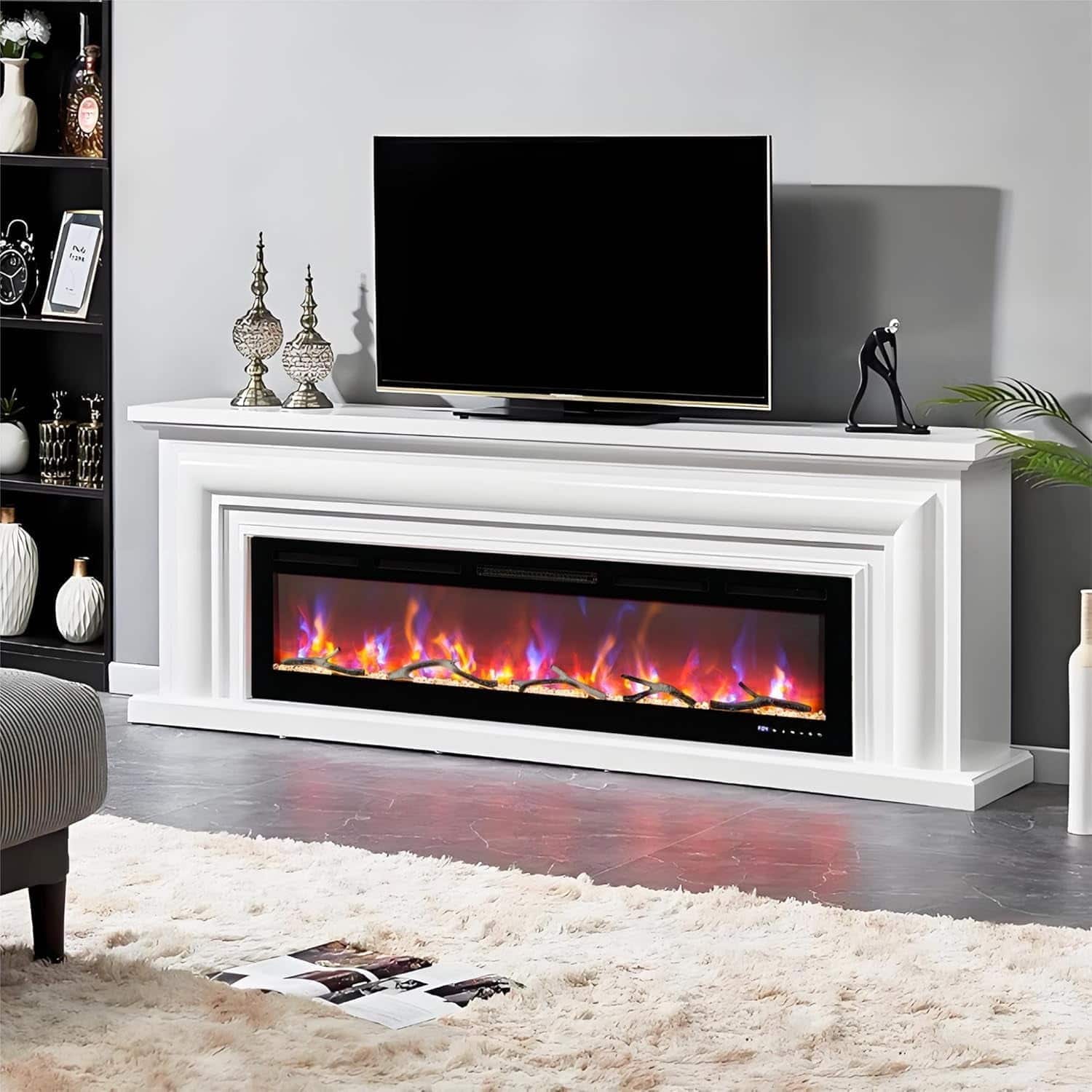 Qeetex - 60" Built-in Electric Fireplace, Voice Control & Remote, 12 Flame Colors, Low Noise, Modern Heating - Black