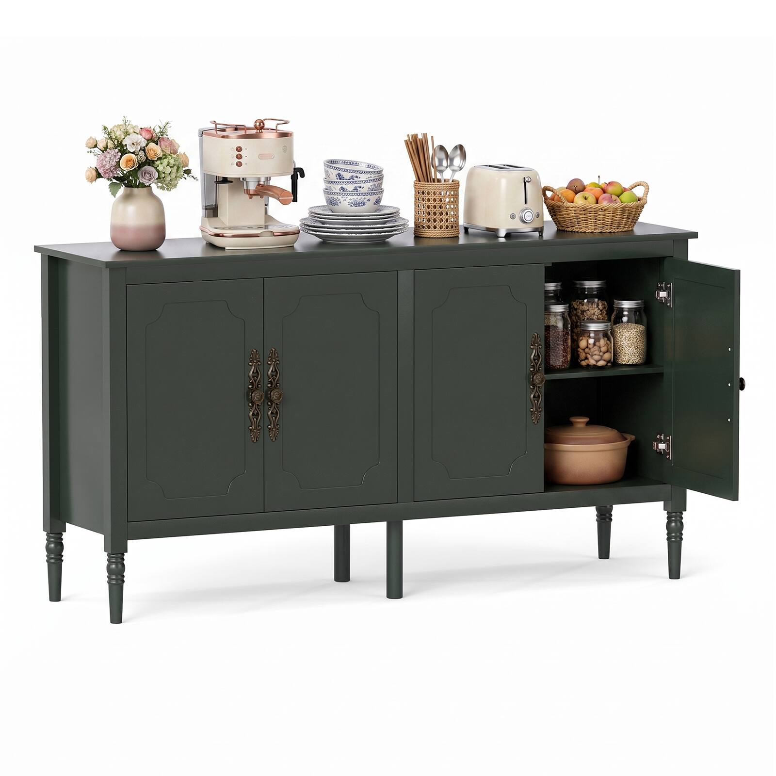 Alt View 1. Costway - Costway 58" Vintage Buffet Cabinet with 4 Doors & 2 Shelves, Storage, Pine Wood Legs - Green.