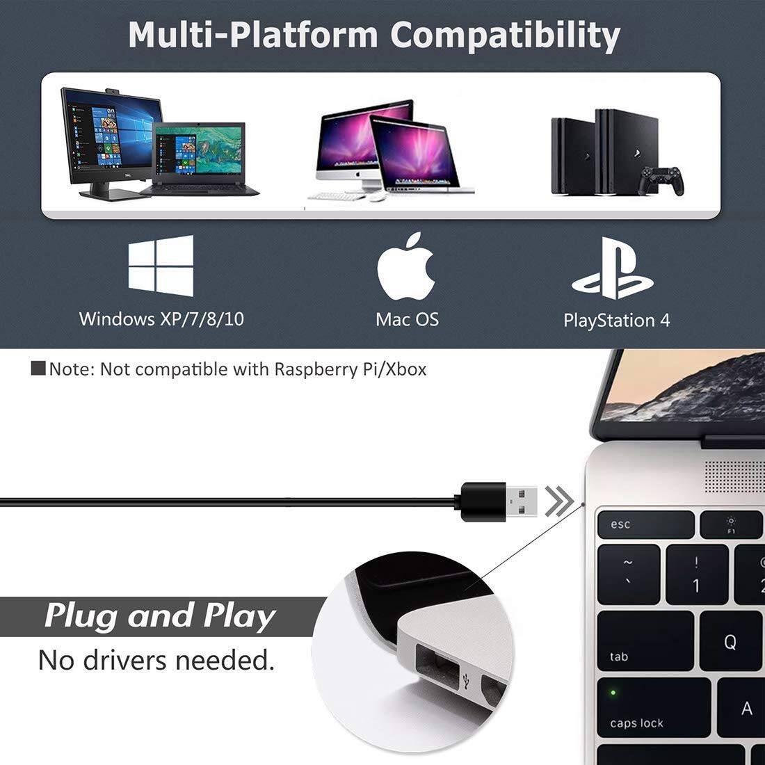Multi-Platform Compatibility

- Windows XP/7/8/10
- Mac OS
- PlayStation 4

Note: Not compatible with Raspberry Pi/Xbox

Plug and Play

No drivers needed.