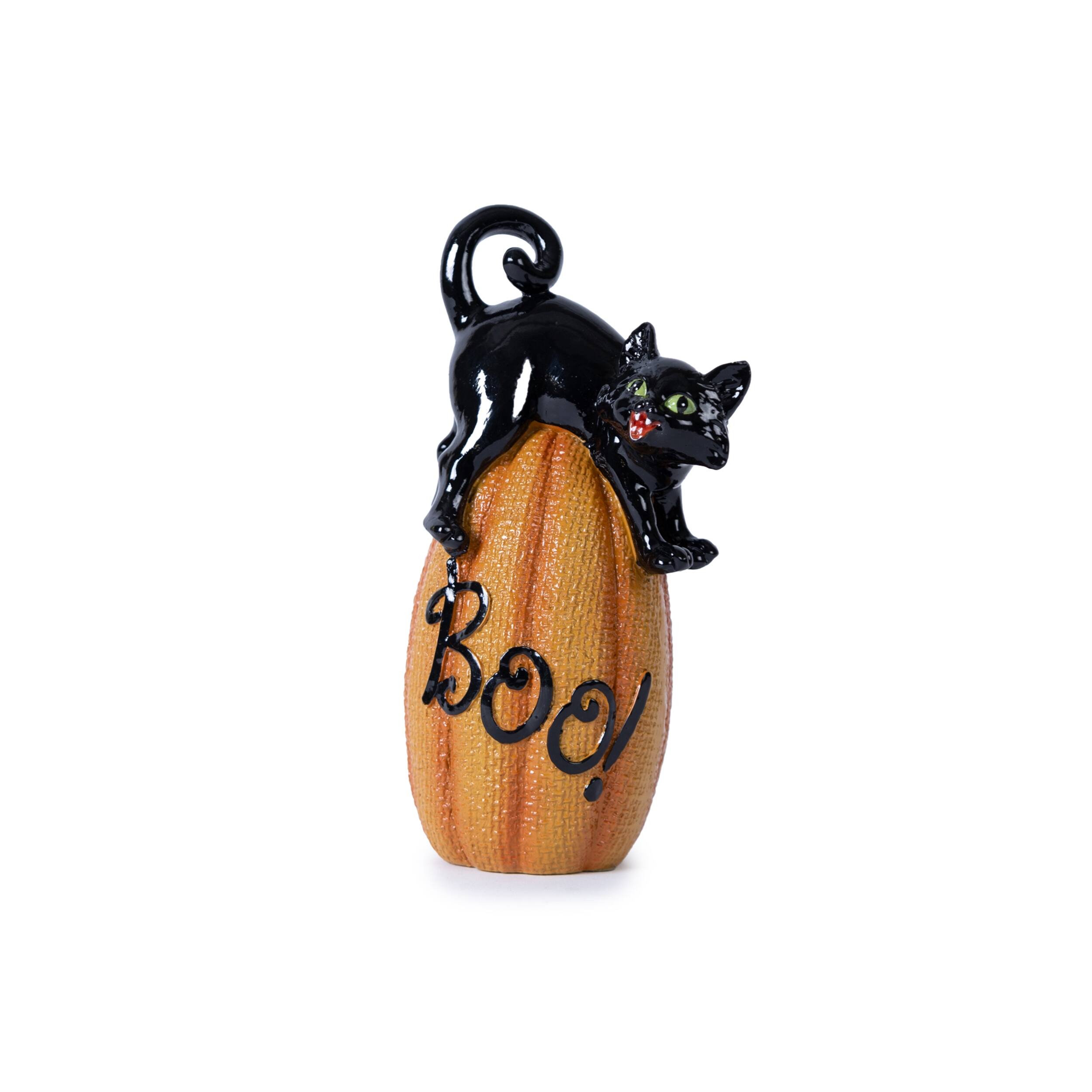 Alt View 1. BreeBe - Black Cat on Pumpkin Figurine (Set of 3) - Orange, Black.