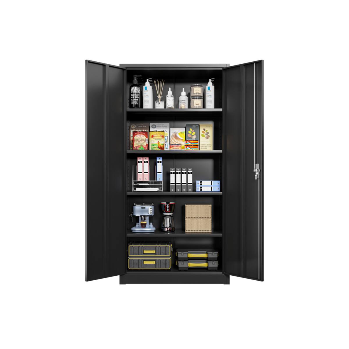 Angle. HTUTWOO - Steel Storage Cabinet - Locking Storage Cabinet with 2 Door and 5 Adjustable Shelves Garage Storage Cabinet for Home - Black.