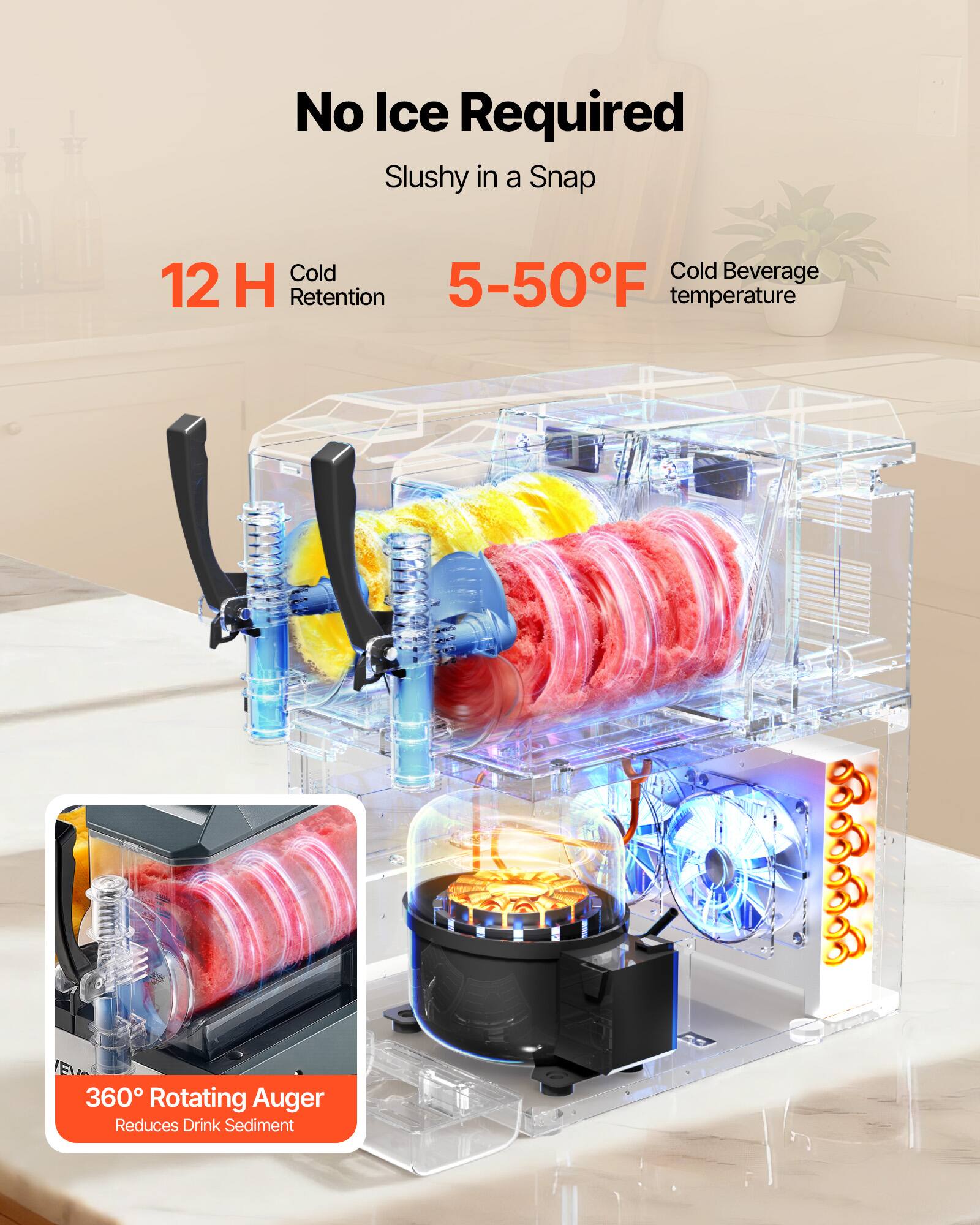 No Ice Required  
Slushy in a Snap  
Cold Beverage  
12 H Retention  
5-50°F temperature  
360° Rotating Auger  
Reduces Drink Sediment