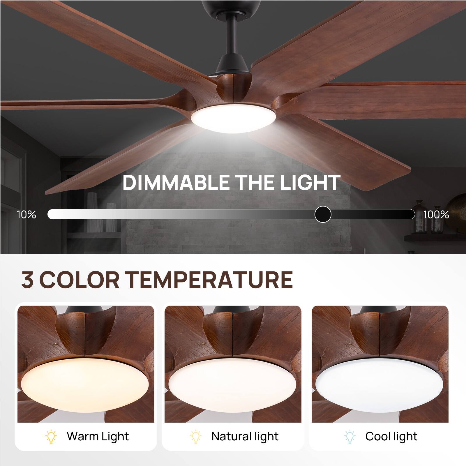 DIMMABLE THE LIGHT  
10% 100%  

3 COLOR TEMPERATURE  
Warm Light  
Natural light  
Cool light