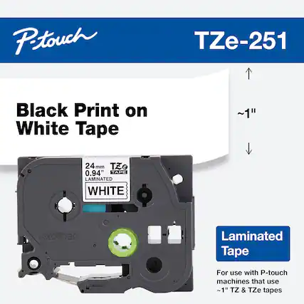 Front. Brother - P-touch TZe251 Laminated Label Tape - Black on White.