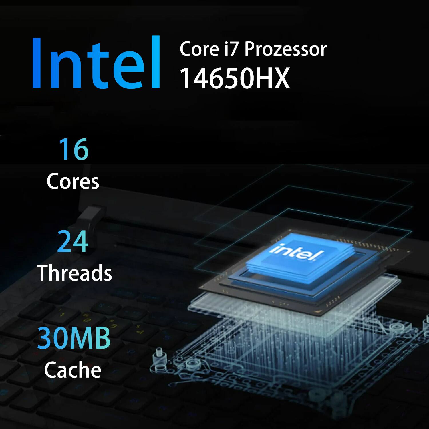 Intel Core i7 Prozessor 14650HX  
16 Cores  
24 Threads  
30MB Cache