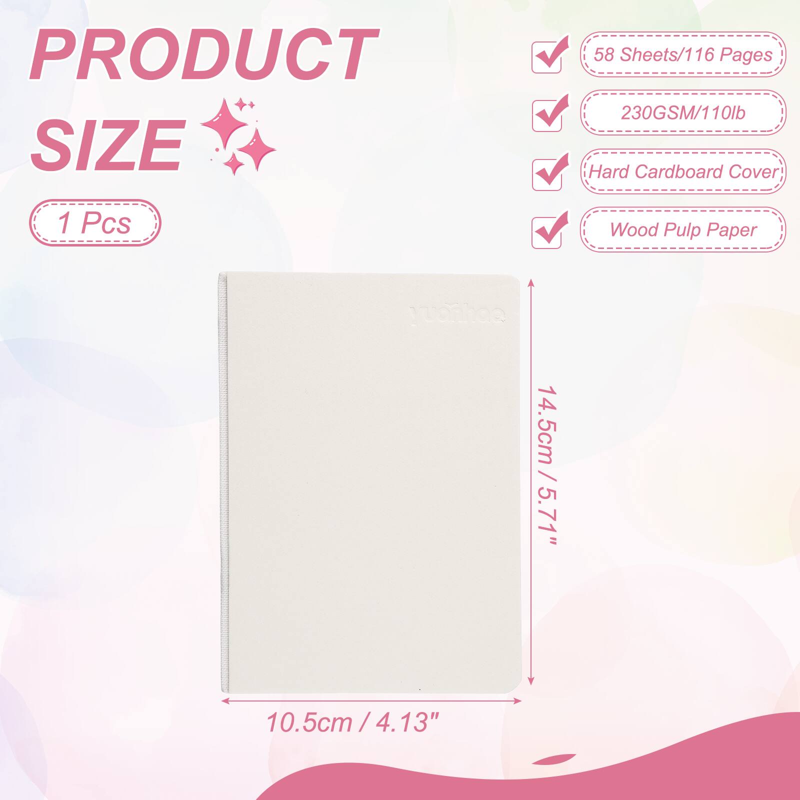 PRODUCT SIZE

1 Pcs

58 Sheets/116 Pages

230GSM/110lb

Hard Cardboard Cover

Wood Pulp Paper

14.5cm / 5.71"

10.5cm / 4.13"