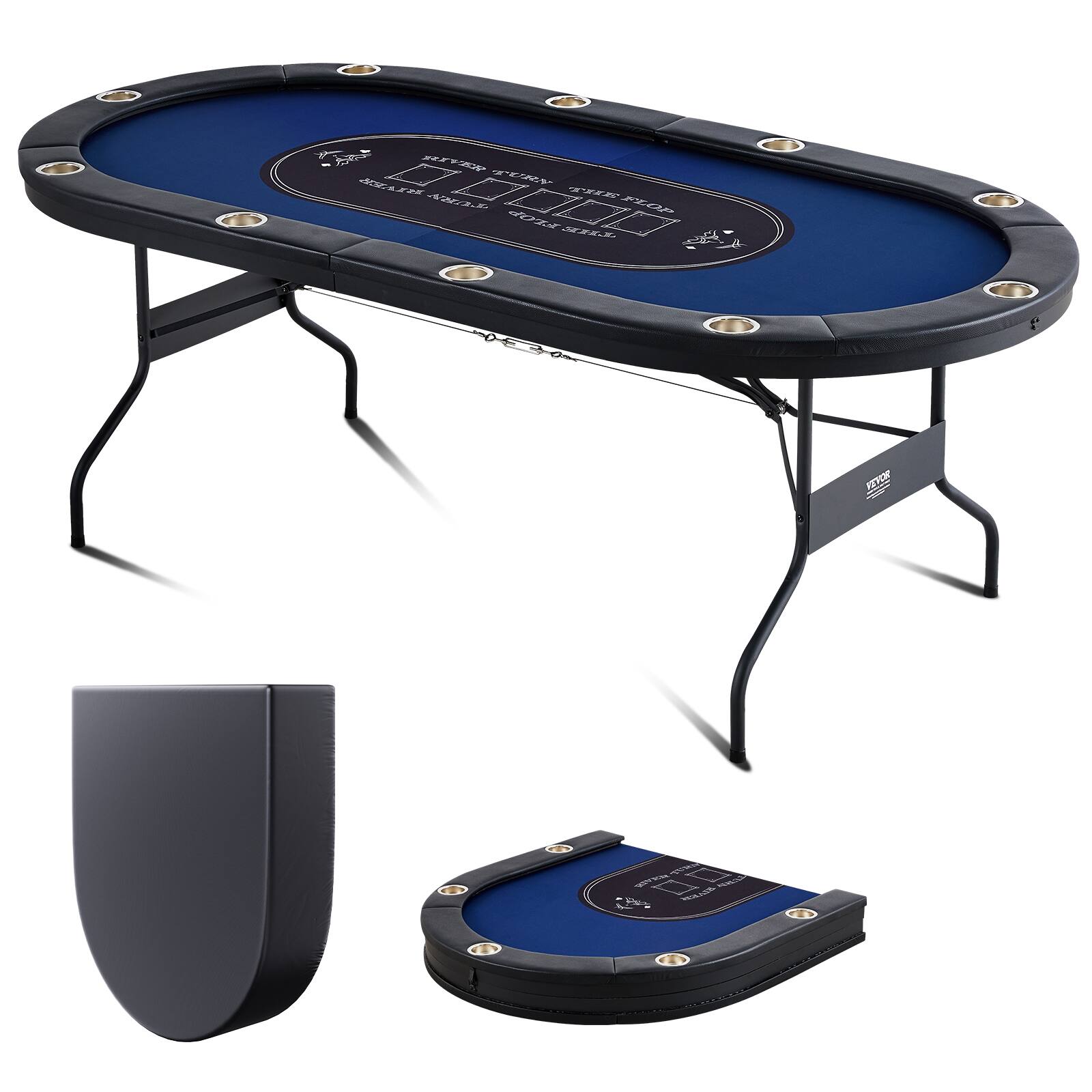 VEVOR - 10 Player Foldable Poker Table, Blackjack Texas Holdem Poker Table with Padded Rails and Cup Holders, 84" Oval Table - Blue