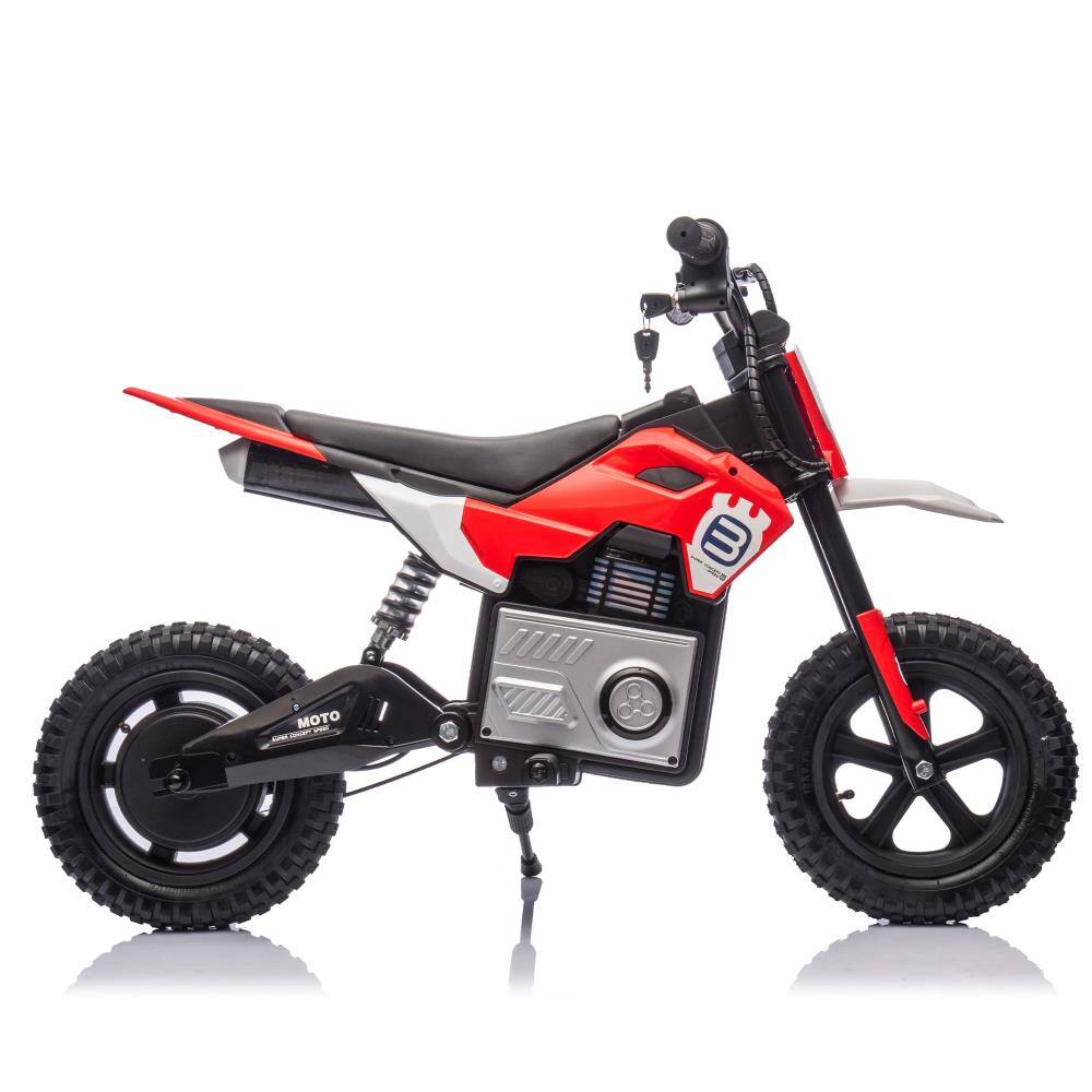 Angle. BreeBe - 24V Kids Electric Motocross Motorcycle, 200W Motor, Shock Absorber, LED Lights, Bluetooth, Music, for Ages 5-15 - Red.