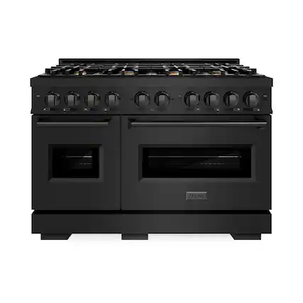 Front. ZLINE - 48" Classic Double Oven Gas Range in Black Stainless w/ 8 Brass Burners (CGRB-BR-48) - Black Stainless Steel.