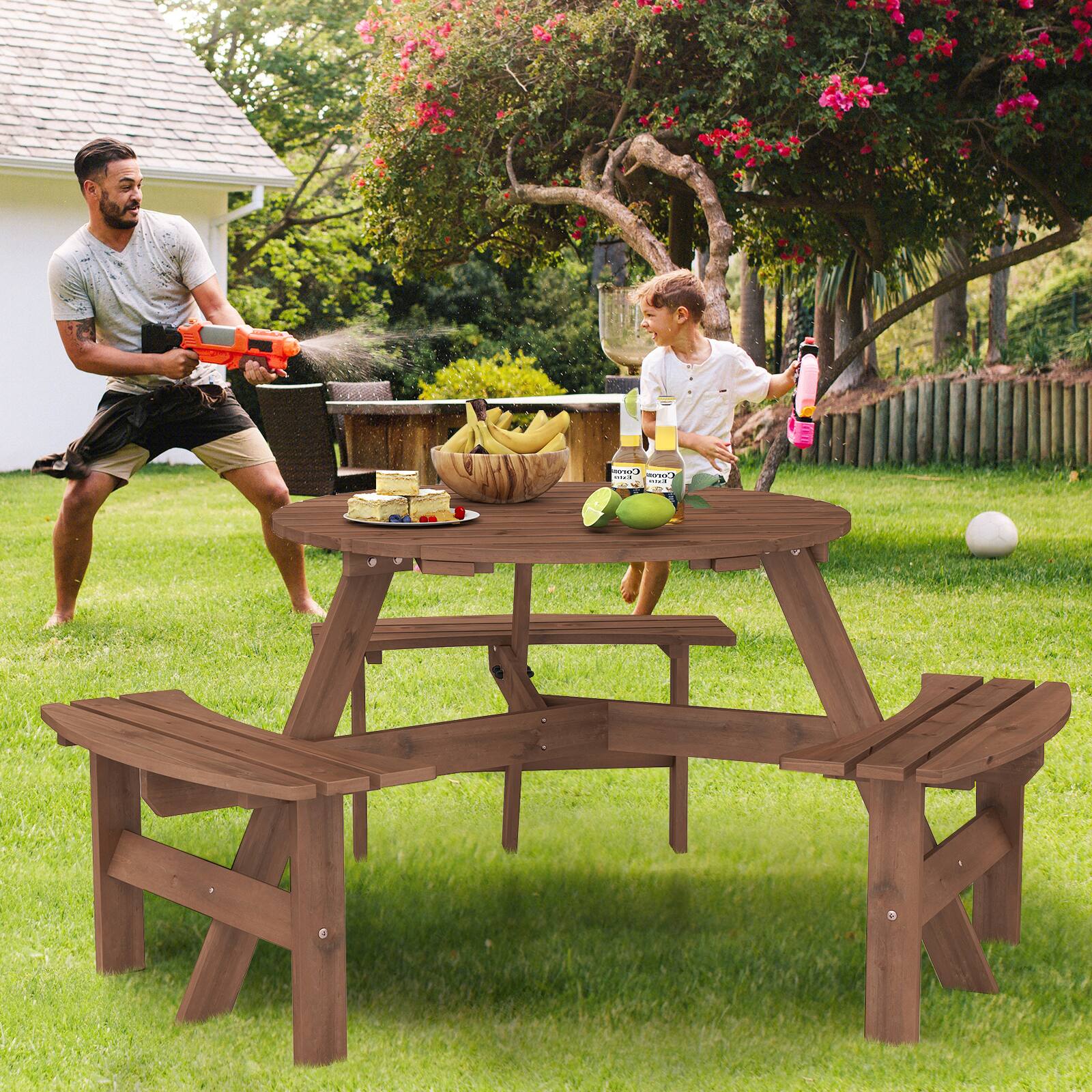 Alt View 3. Gymax - Gymax 6-Person Round Picnic Table Set w/ 3 Built-in Benches 2'' Umbrella Hole Brown - Black, Natural.