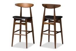 Baxton Studio - Set of 2 Flora Mid-Century Modern Faux Leather Upholstered Walnut Finished Bar Stools - Black/Walnut Brown
