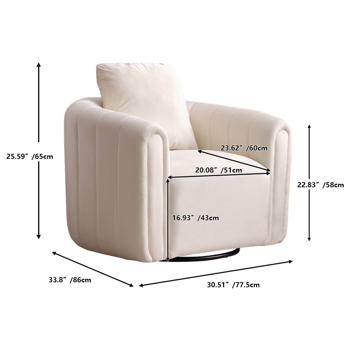 The text on the image reads: 25.59" / 65cm 23.62" / 60cm 20.08" / 51cm 22.83" / 58cm 16.93" / 43cm 33.8" / 86cm 30.51" / 77.5cm.