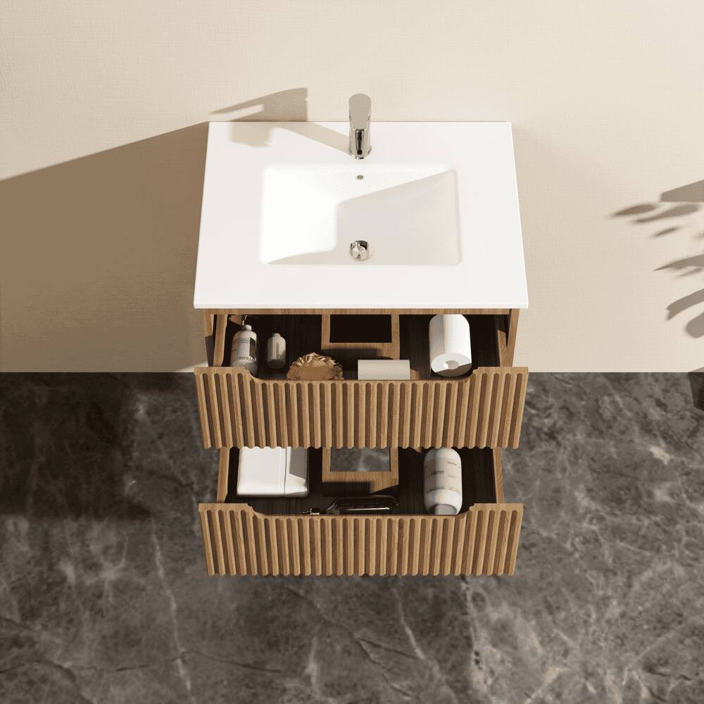 Left. Kadyn - 24" Wall-Mount Floating Bathroom Vanity Cabinet (Cabinet Only), Walnut - Brown.