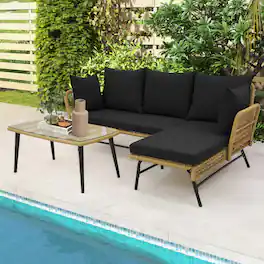 Costway - 3 PCS L-Shaped Patio Sofa Set Conversation Furniture with Cushions Deck Garden black - Khaki/Black
