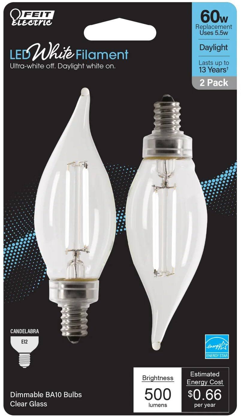 FEIT Electric LED White Filament Ultra-white off. Daylight white on.  
60w Replacement Uses 5.5w Daylight Lasts up to 13 Years+ 2 Pack  
CANDLELABRA  
E12  
energyt ENERGY STAR  
Dimmable BA10 Bulbs Clear Glass  
Estimated Brightness Energy Cost 500 $0.66 lumens per year