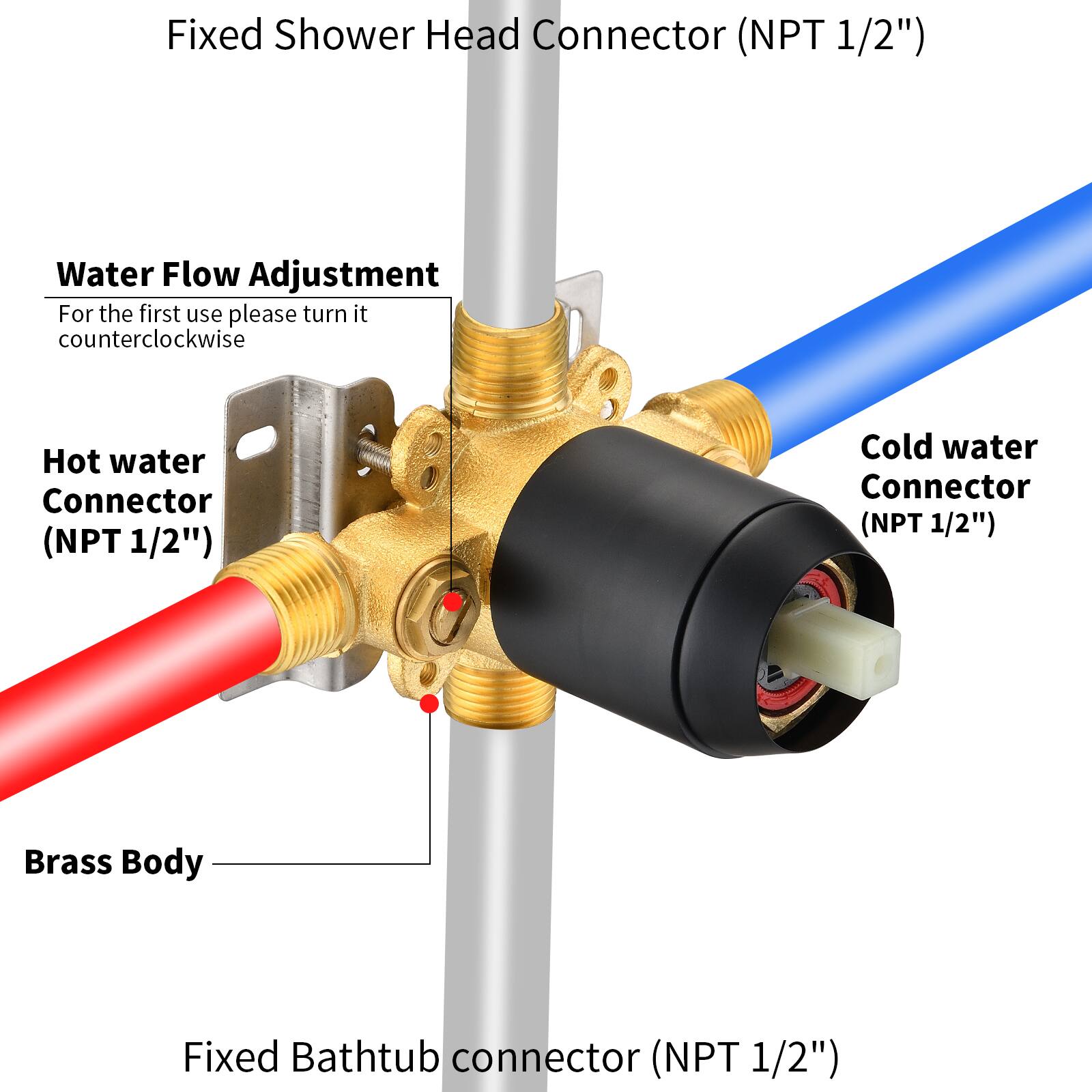 Fixed Shower Head Connector (NPT 1/2")

Water Flow Adjustment
For the first use please turn it counterclockwise

Hot water Connector (NPT 1/2")
Cold water Connector (NPT 1/2")

Brass Body

Fixed Bathtub connector (NPT 1/2")